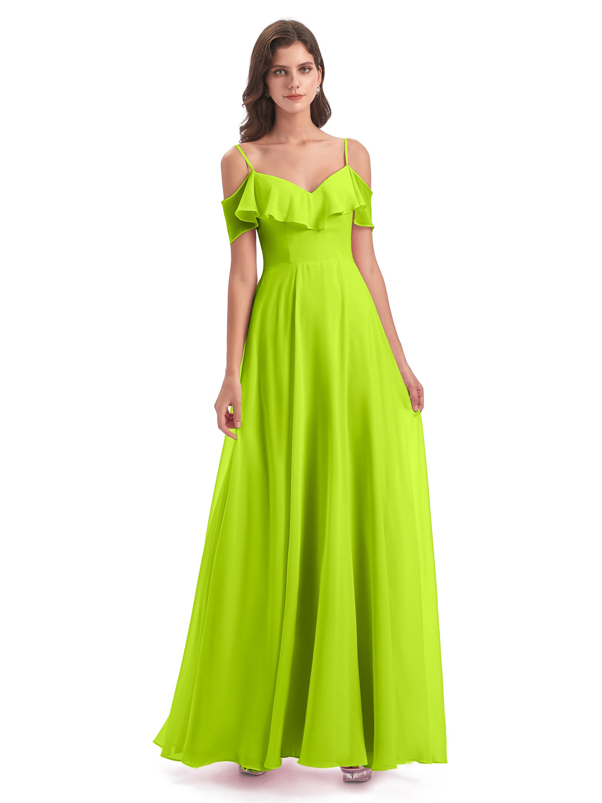Robes De Demoiselle D'Honneur Vert Citron Trapèze Bretelles Spaghetti Longue Robes Demoiselle D'Honneur