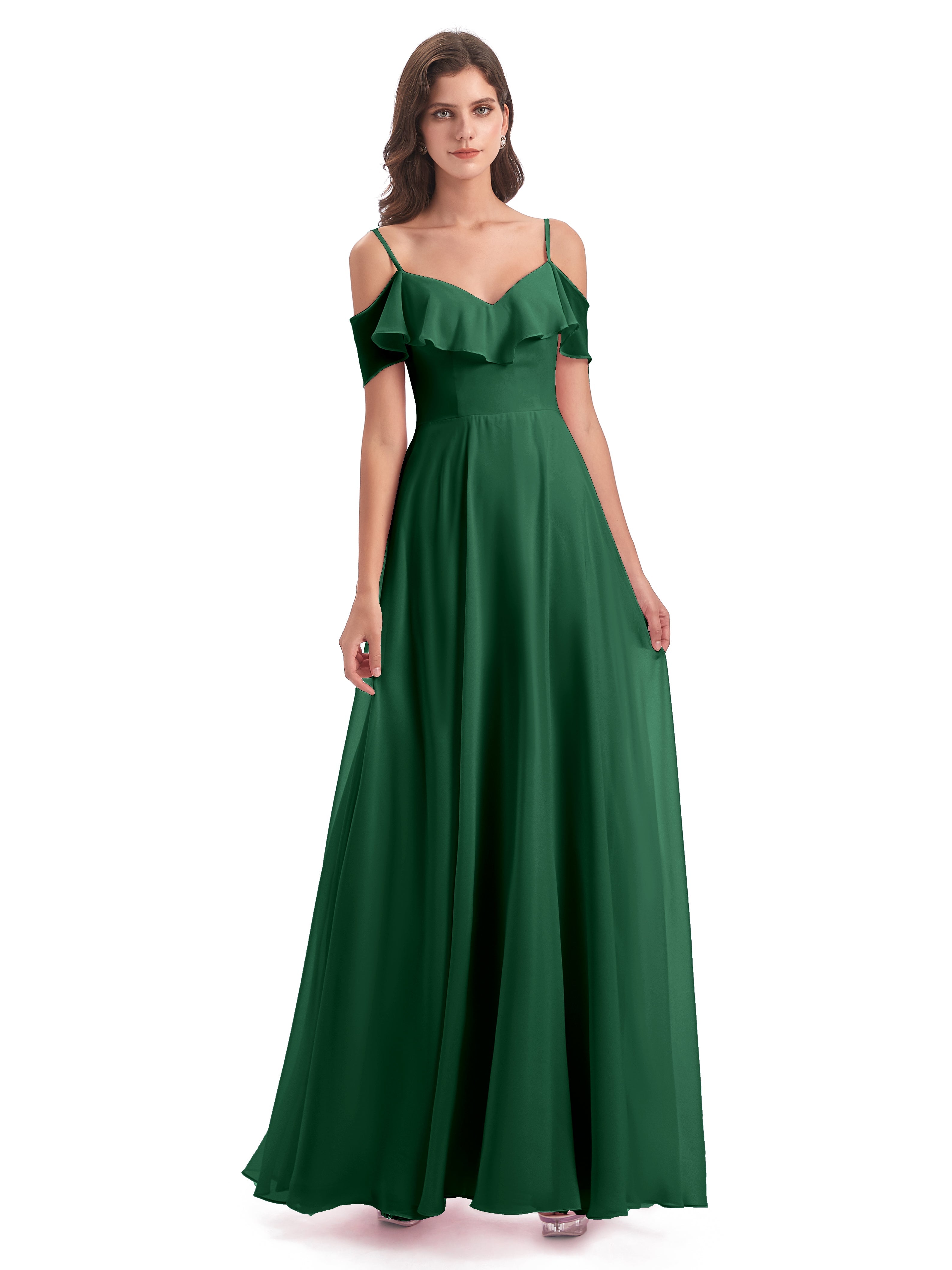 Robes De Demoiselle D'Honneur Vert Foncé Trapèze Bretelles Spaghetti Longue Robes Demoiselle D'Honneur