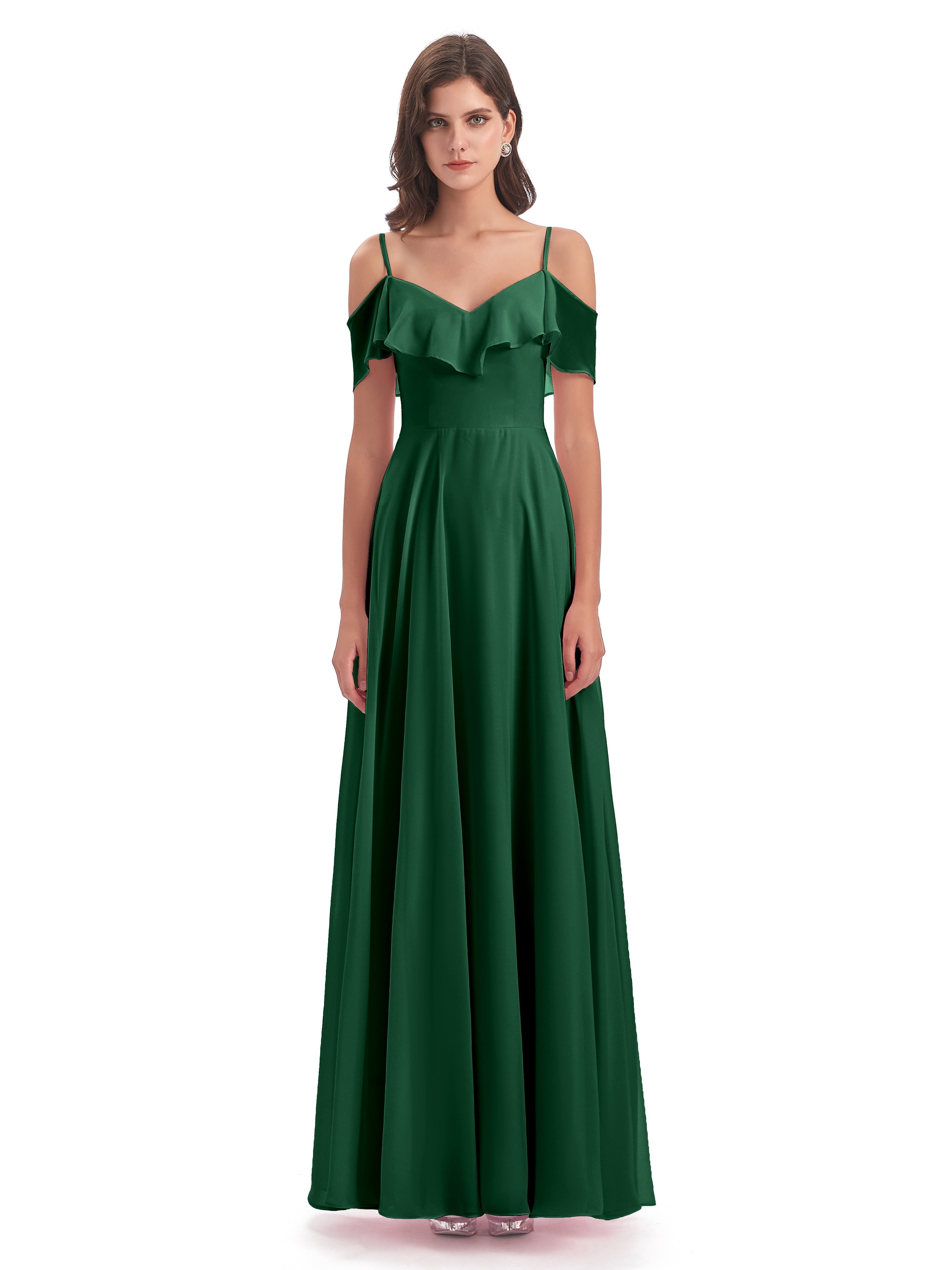 Robes De Demoiselle D'Honneur Vert Foncé Trapèze Bretelles Spaghetti Longue Robes Demoiselle D'Honneur