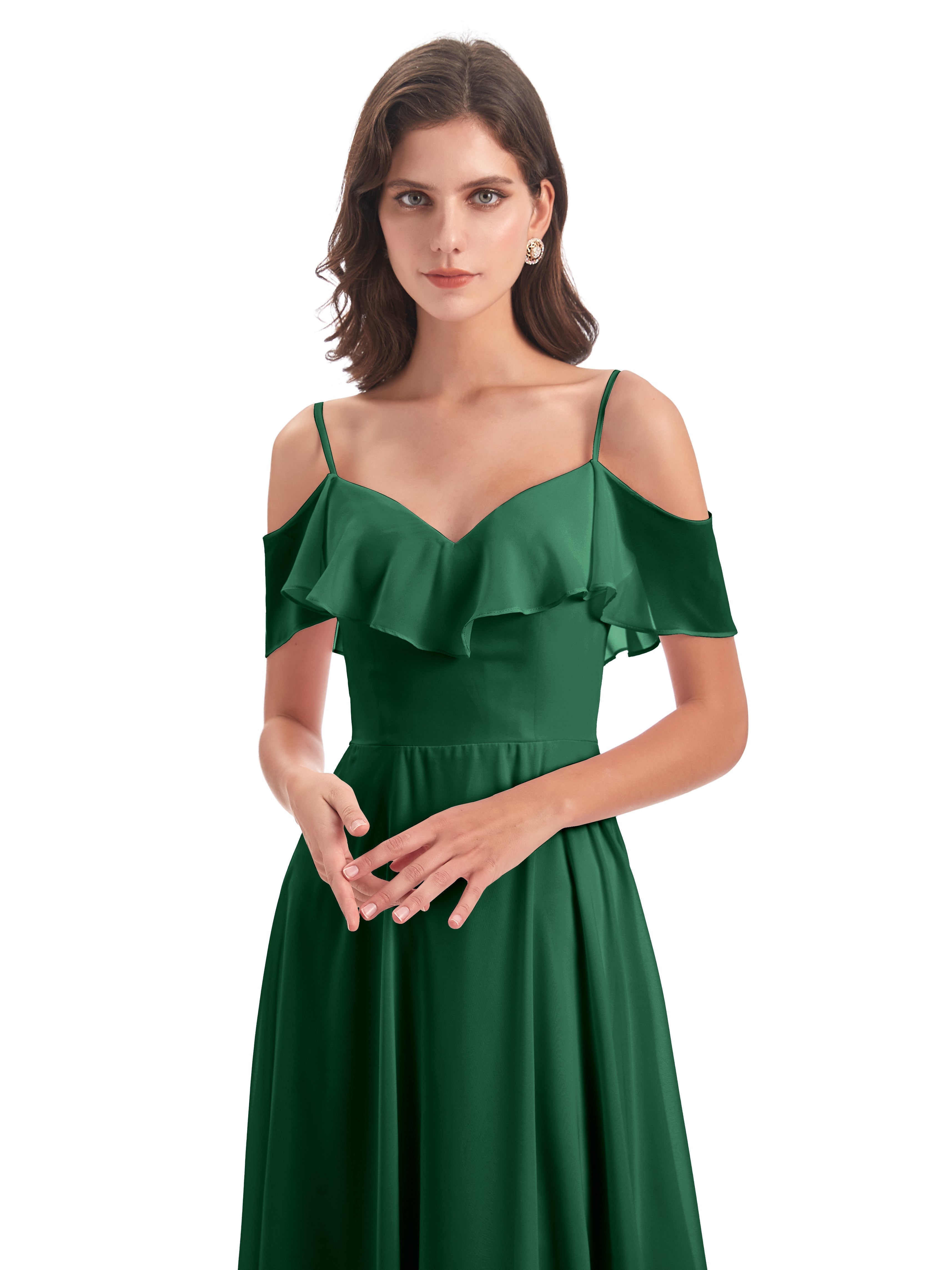 Robes De Demoiselle D'Honneur Vert Foncé Trapèze Bretelles Spaghetti Longue Robes Demoiselle D'Honneur