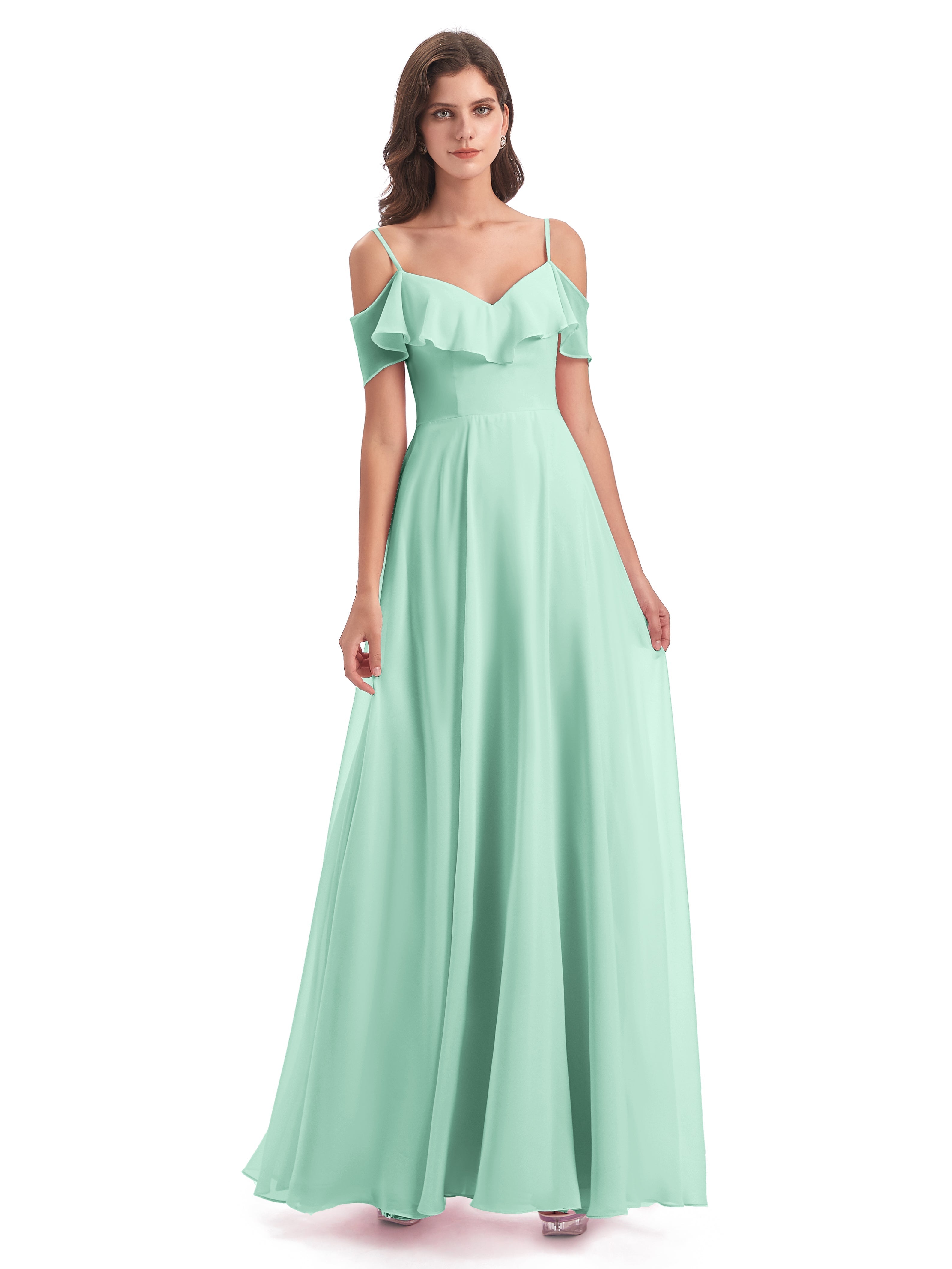 Robes De Demoiselle D'Honneur Vert Menthe Trapèze Bretelles Spaghetti Longue Robes Demoiselle D'Honneur