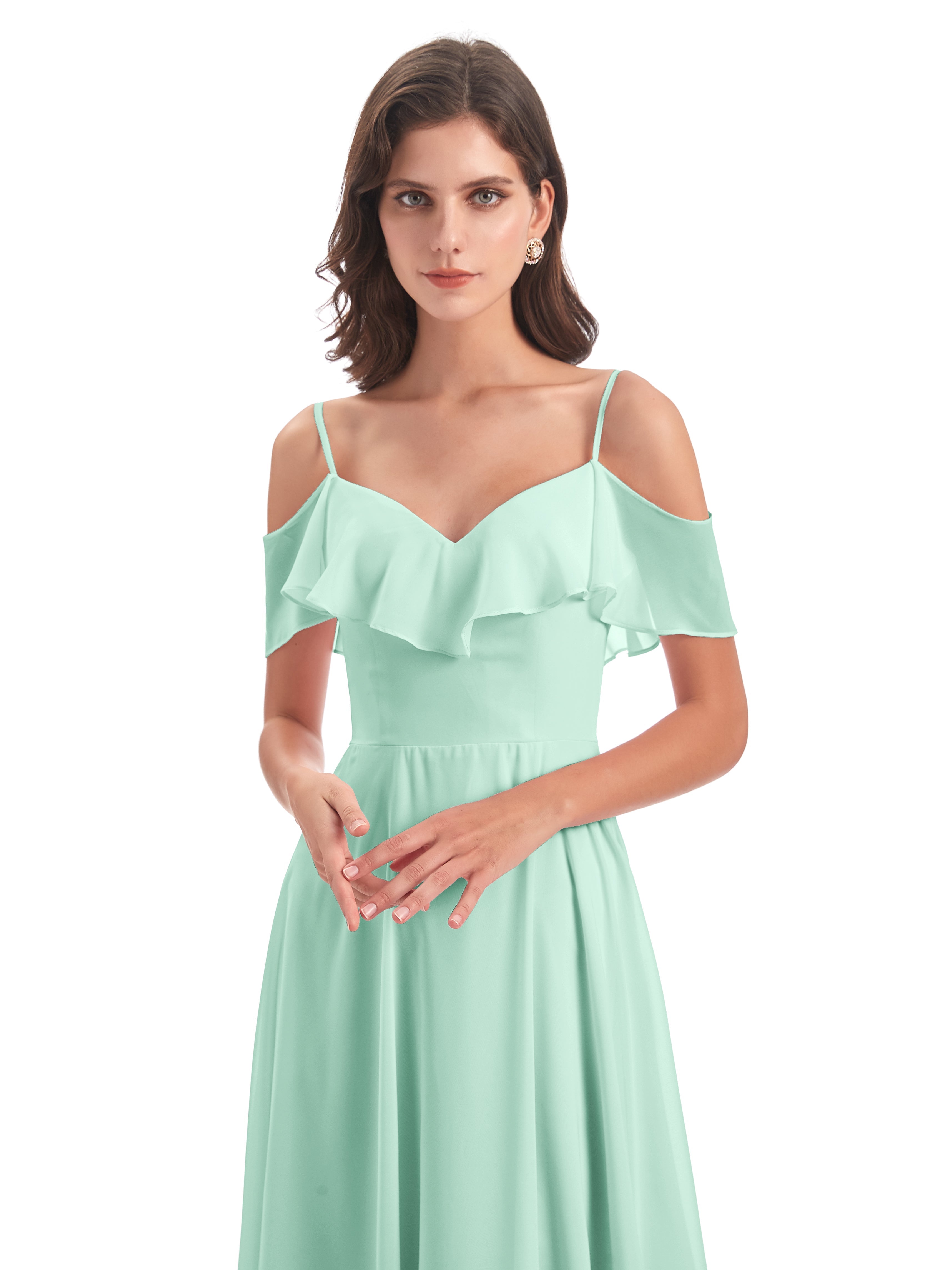 Robes De Demoiselle D'Honneur Vert Menthe Trapèze Bretelles Spaghetti Longue Robes Demoiselle D'Honneur