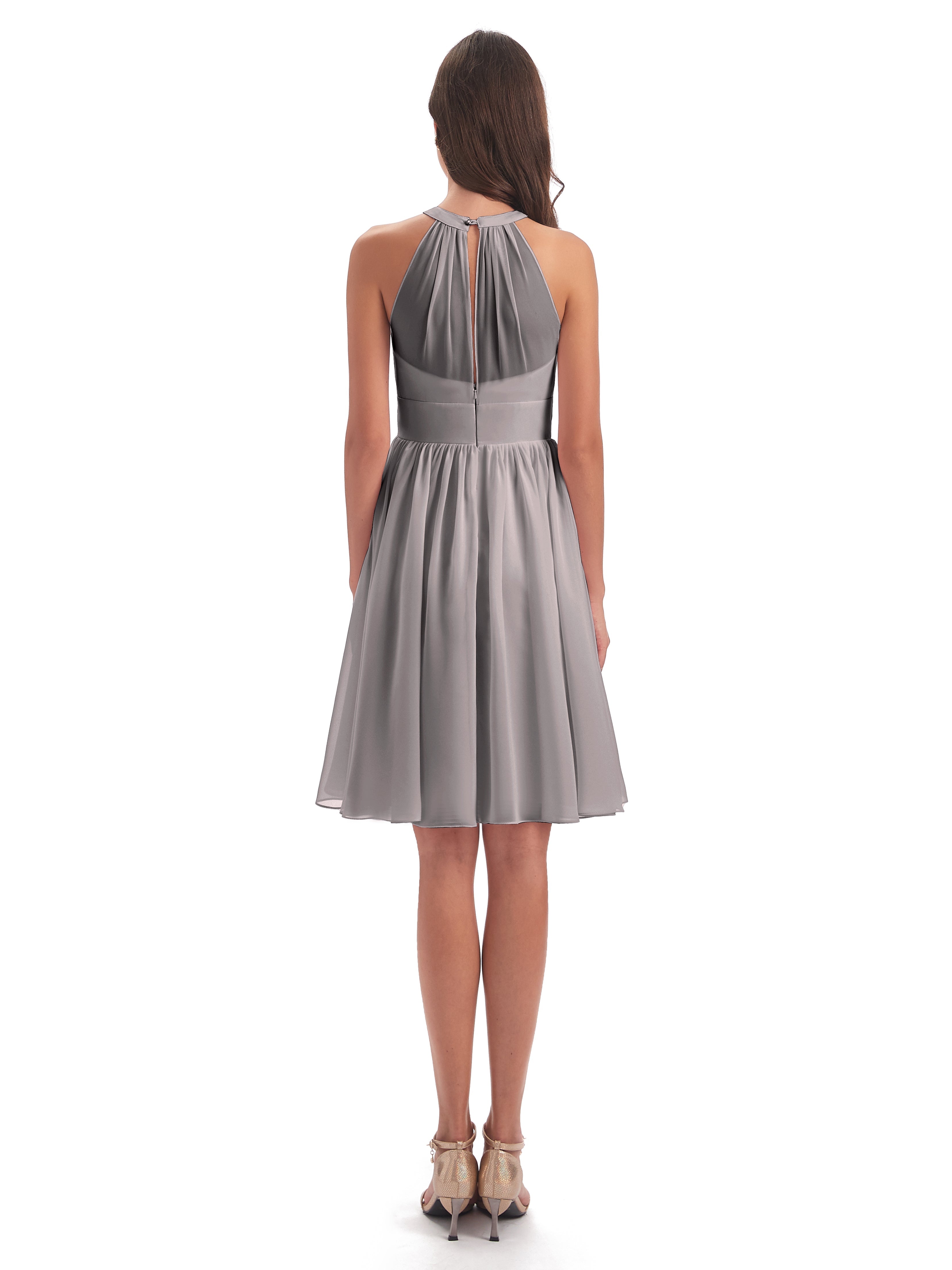 Robe Demoiselle D Honneur Argentée Trapèze Mini Licou Mousseline Courte Robes Demoiselle D'Honneur