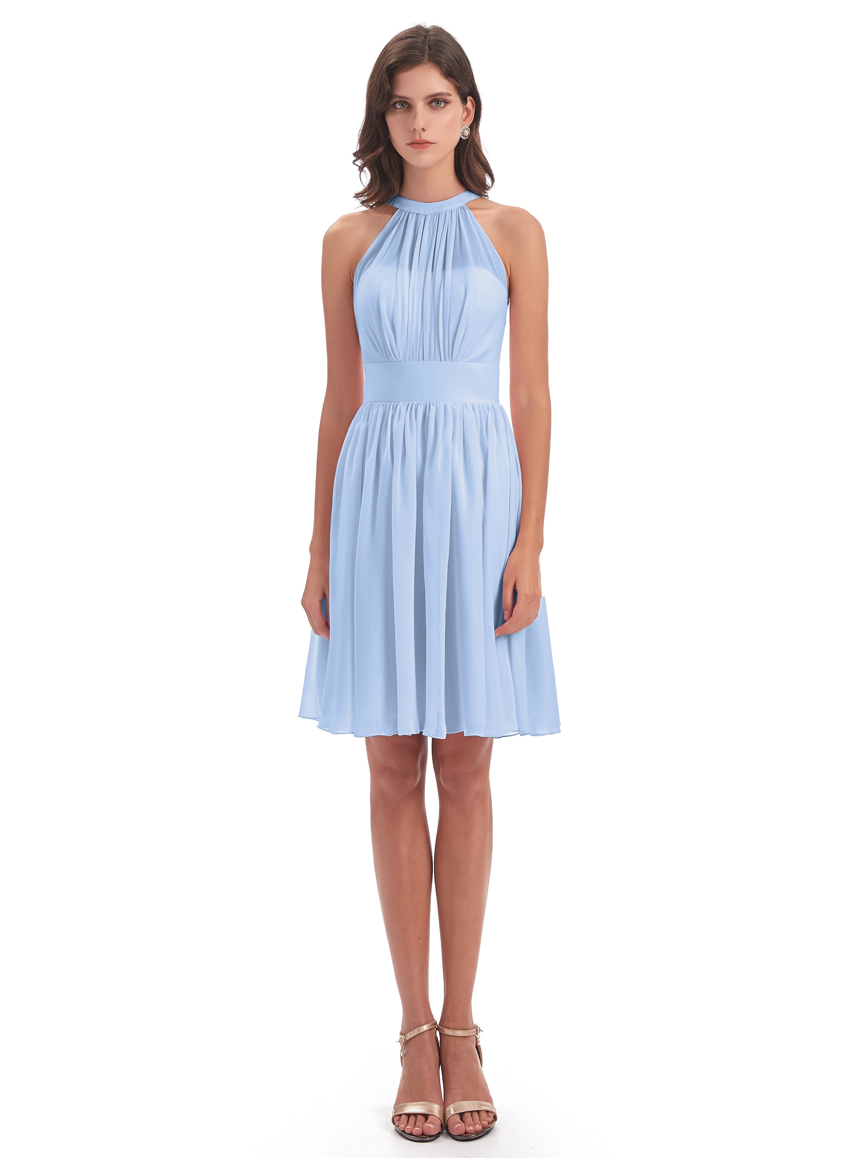 Robe De Demoiselle D Honneur Bleu Ciel Trapèze Mini Licou Mousseline Courte Robes Demoiselle D'Honneur