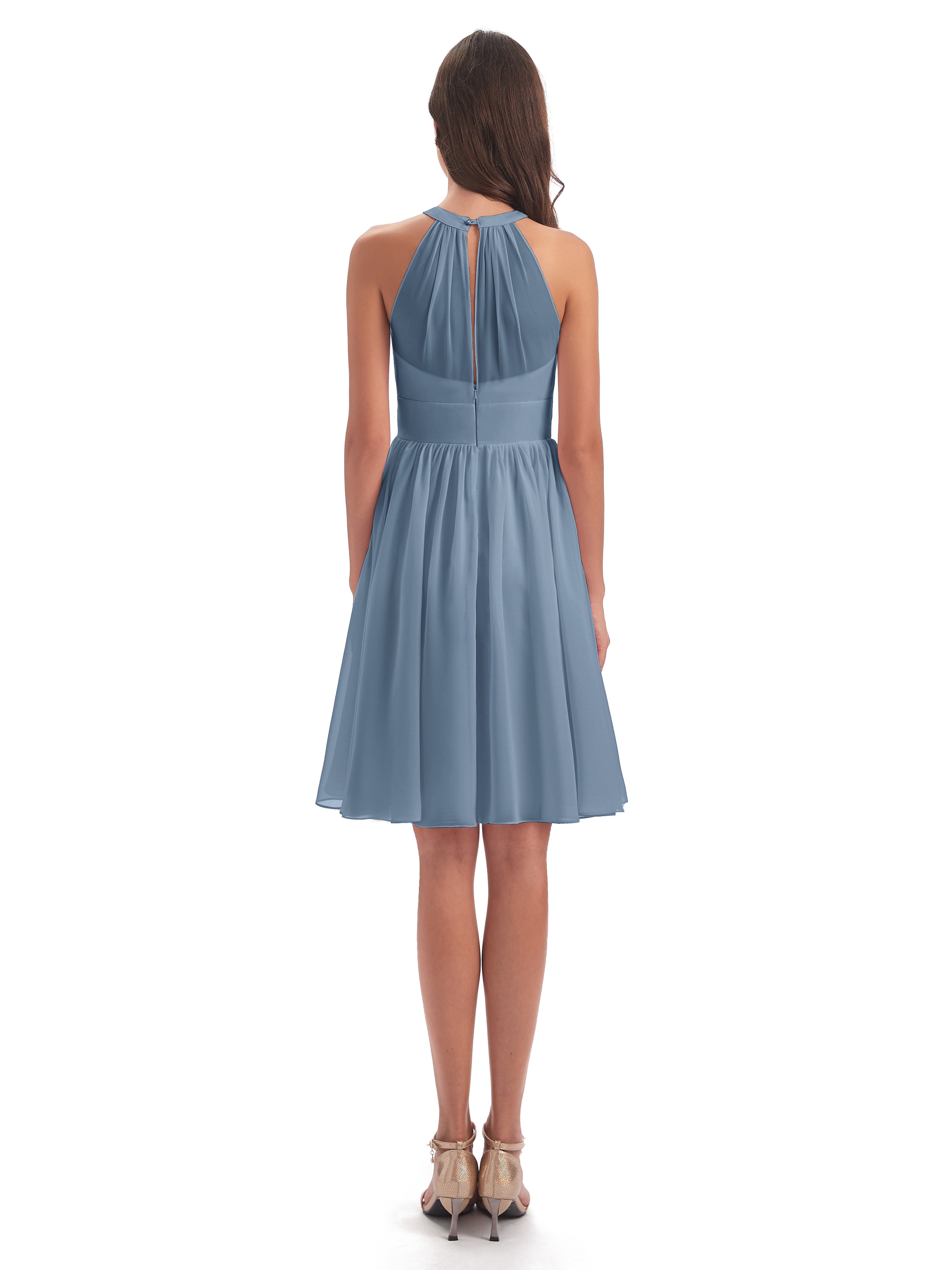 Robes De Demoiselle D'Honneur Bleu De Schiste Trapèze Mini Licou Mousseline Courte Robes Demoiselle D'Honneur