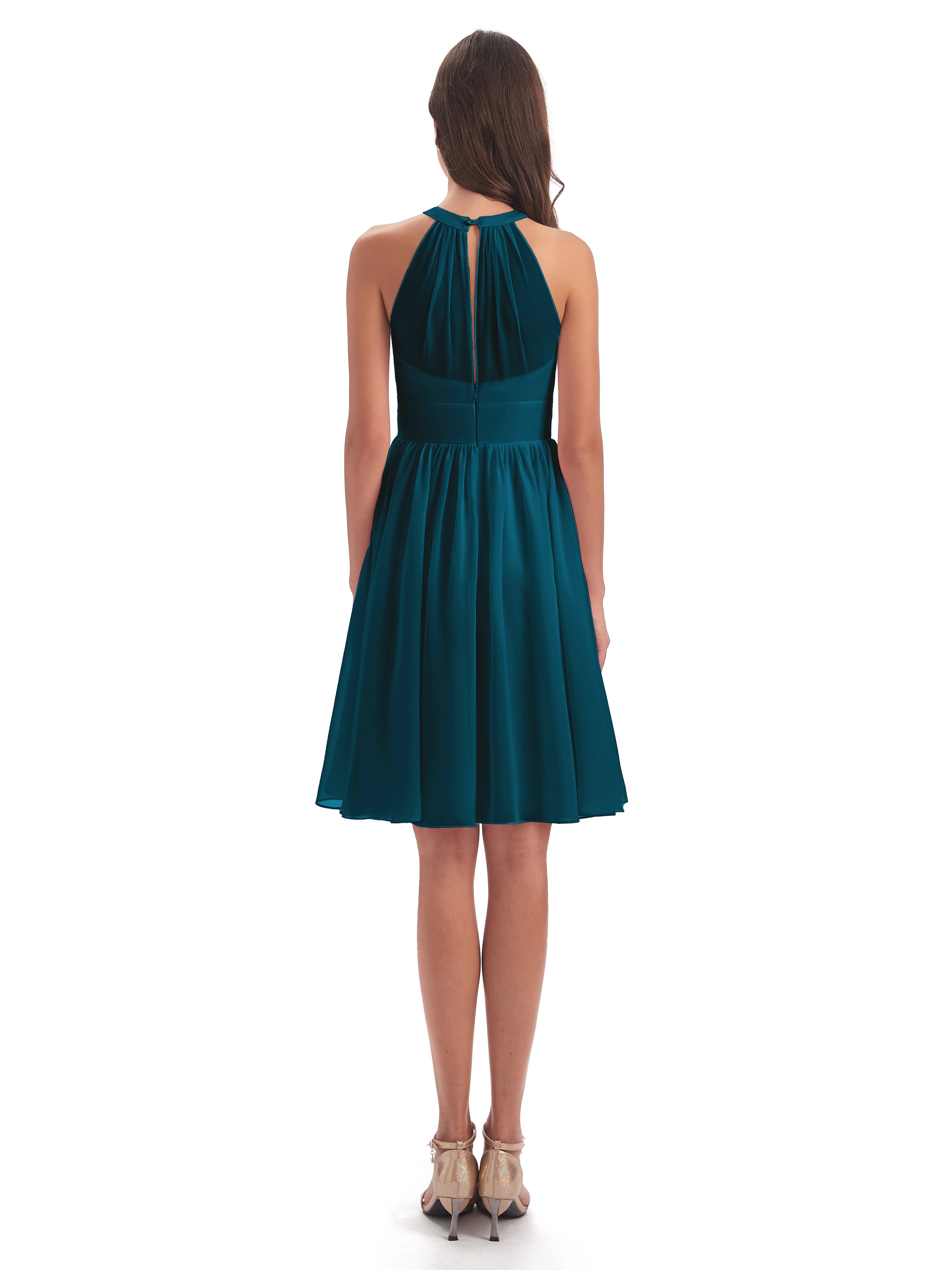 Robe De Demoiselle D'Honneur Bleu Encre Trapèze Mini Licou Mousseline Courte Robes Demoiselle D'Honneur