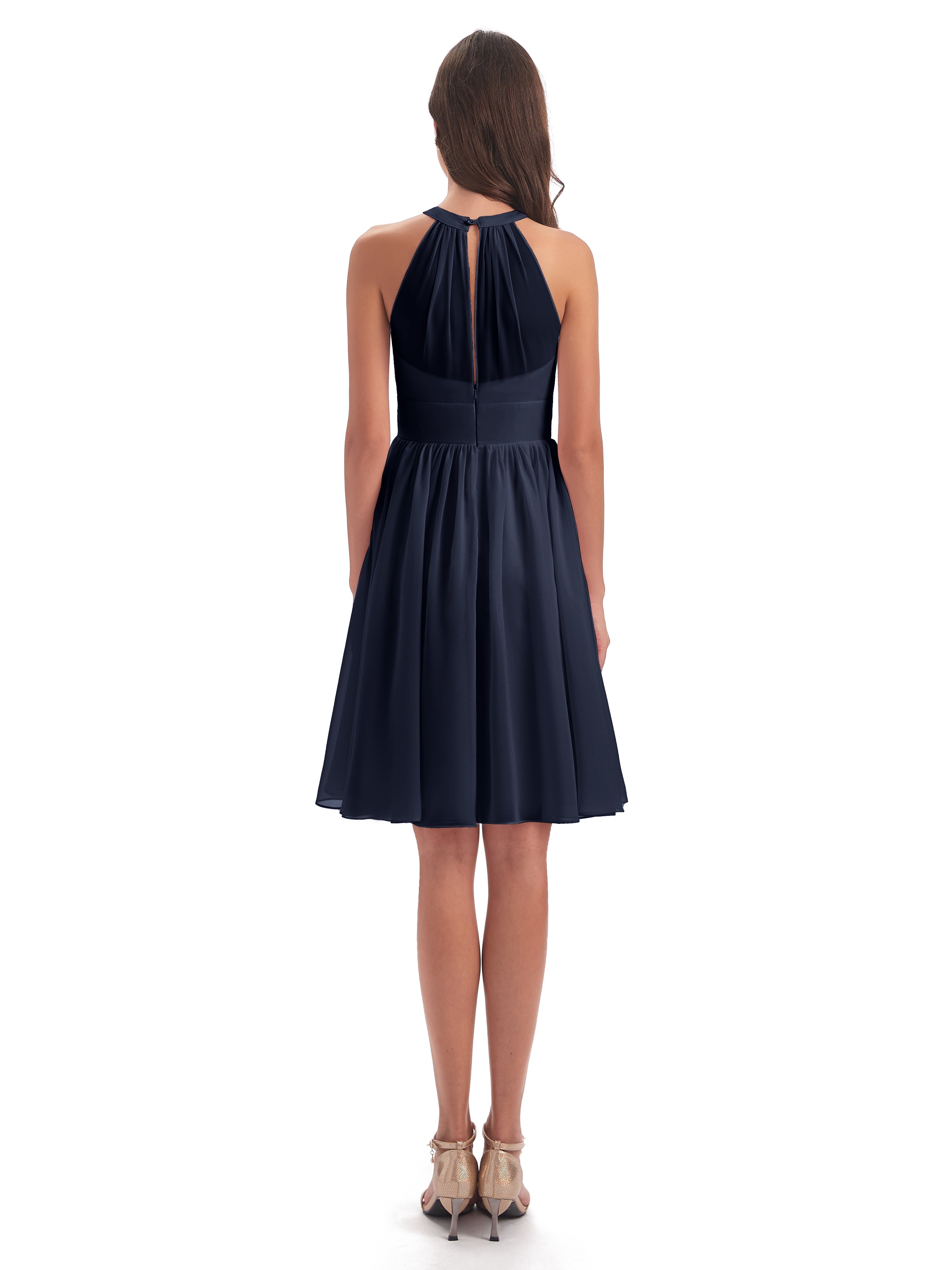 Robes De Demoiselle D'Honneur Bleu Marine Trapèze Mini Licou Mousseline Courte Robes Demoiselle D'Honneur