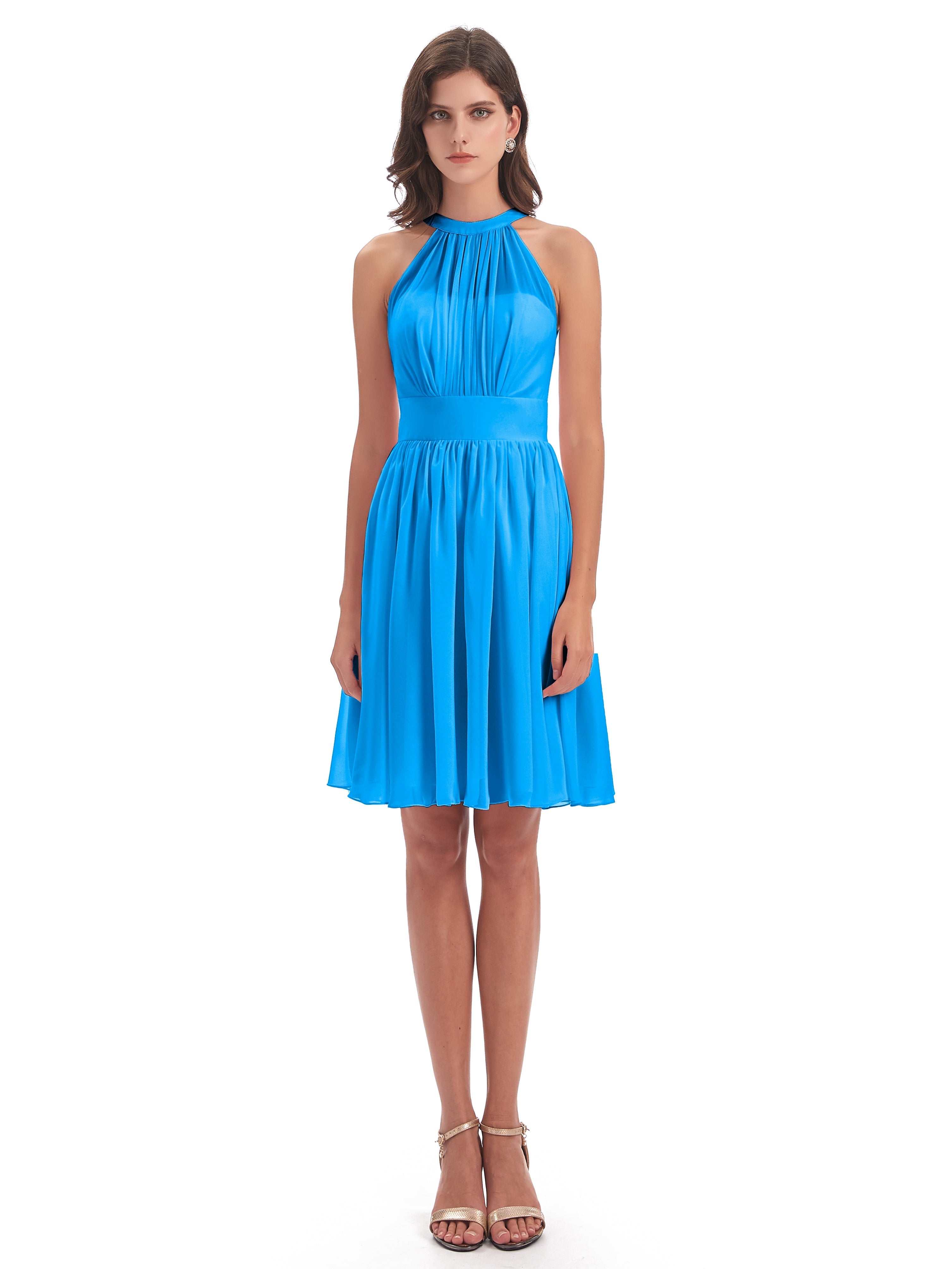 Robes De Demoiselle D'Honneur Bleu Océan Trapèze Mini Licou Mousseline Courte Robes Demoiselle D'Honneur