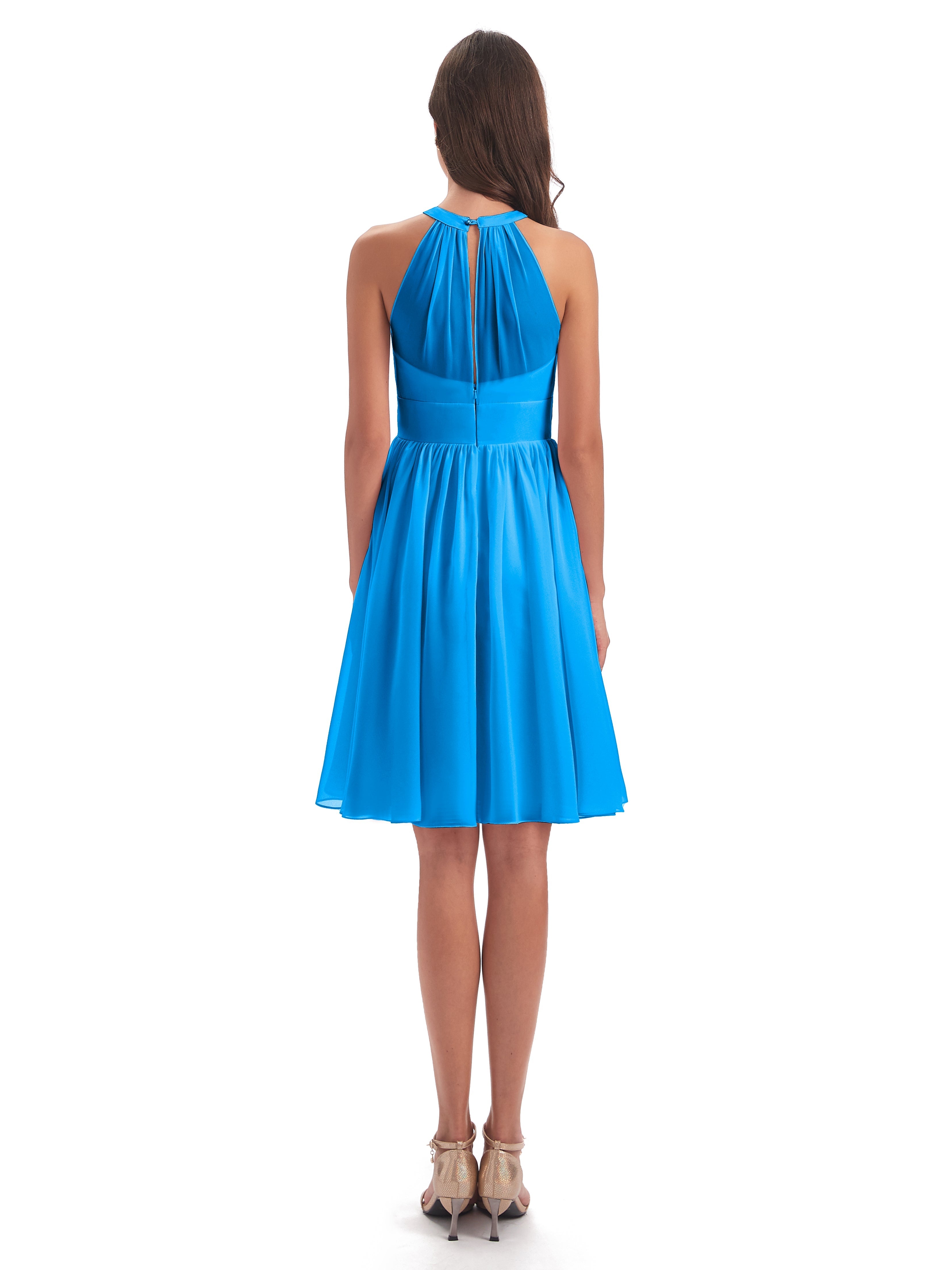 Robes De Demoiselle D'Honneur Bleu Océan Trapèze Mini Licou Mousseline Courte Robes Demoiselle D'Honneur