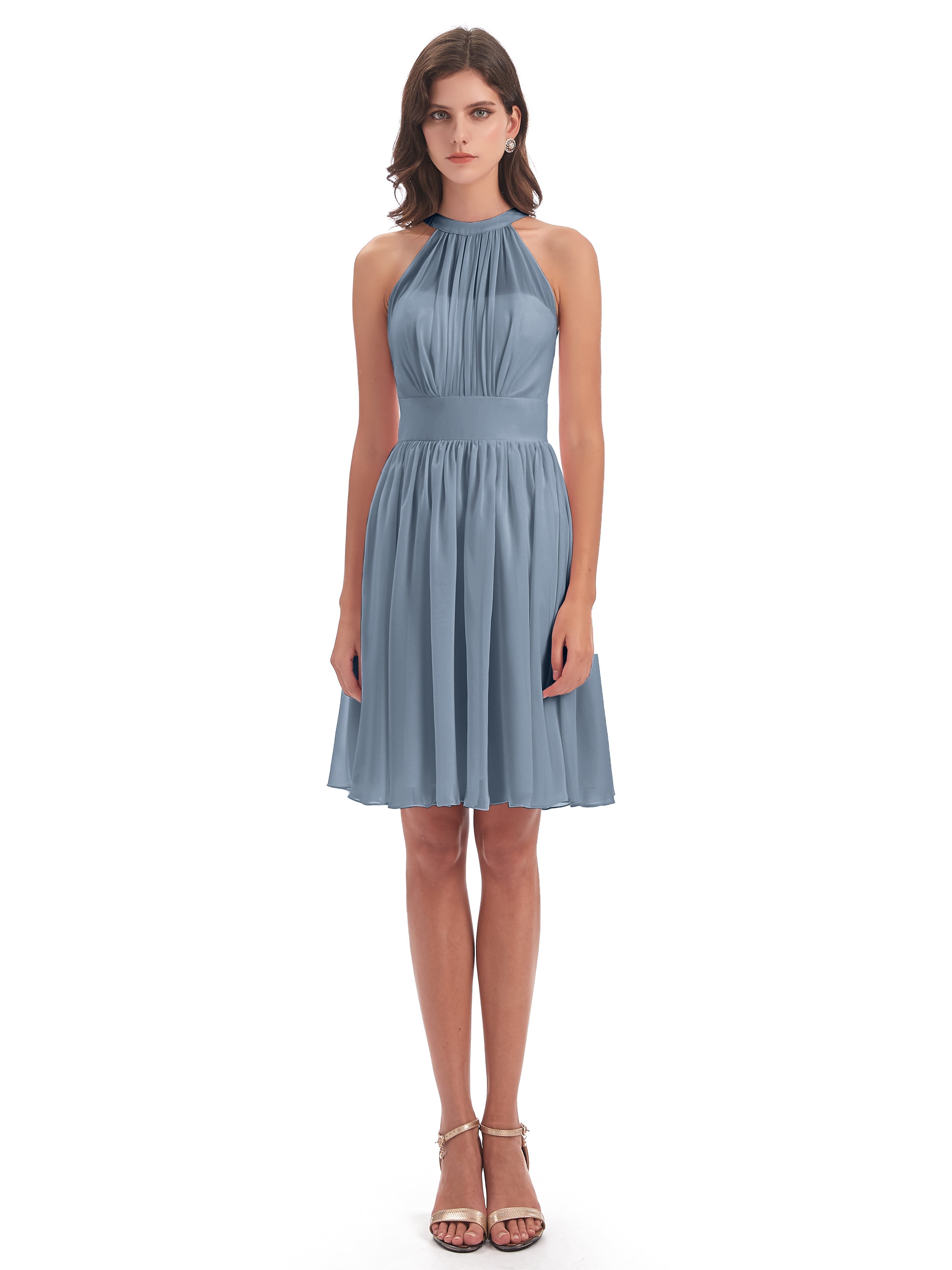 Robes De Demoiselle D'Honneur Bleu Poudre Trapèze Mini Licou Mousseline Courte Robes Demoiselle D'Honneur