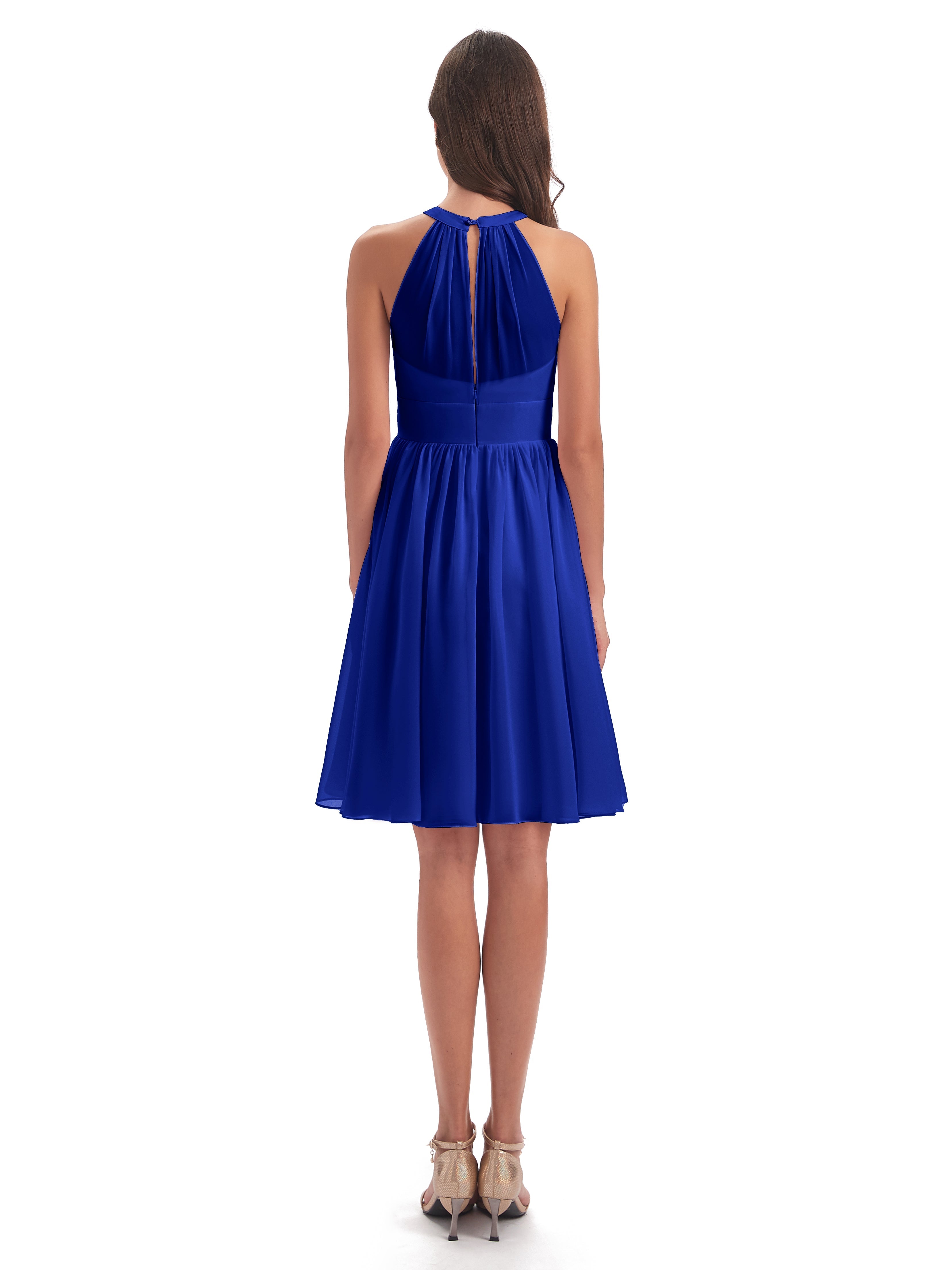 Robe Demoiselle D Honneur Bleu Royal Trapèze Mini Licou Mousseline Courte Robes Demoiselle D'Honneur