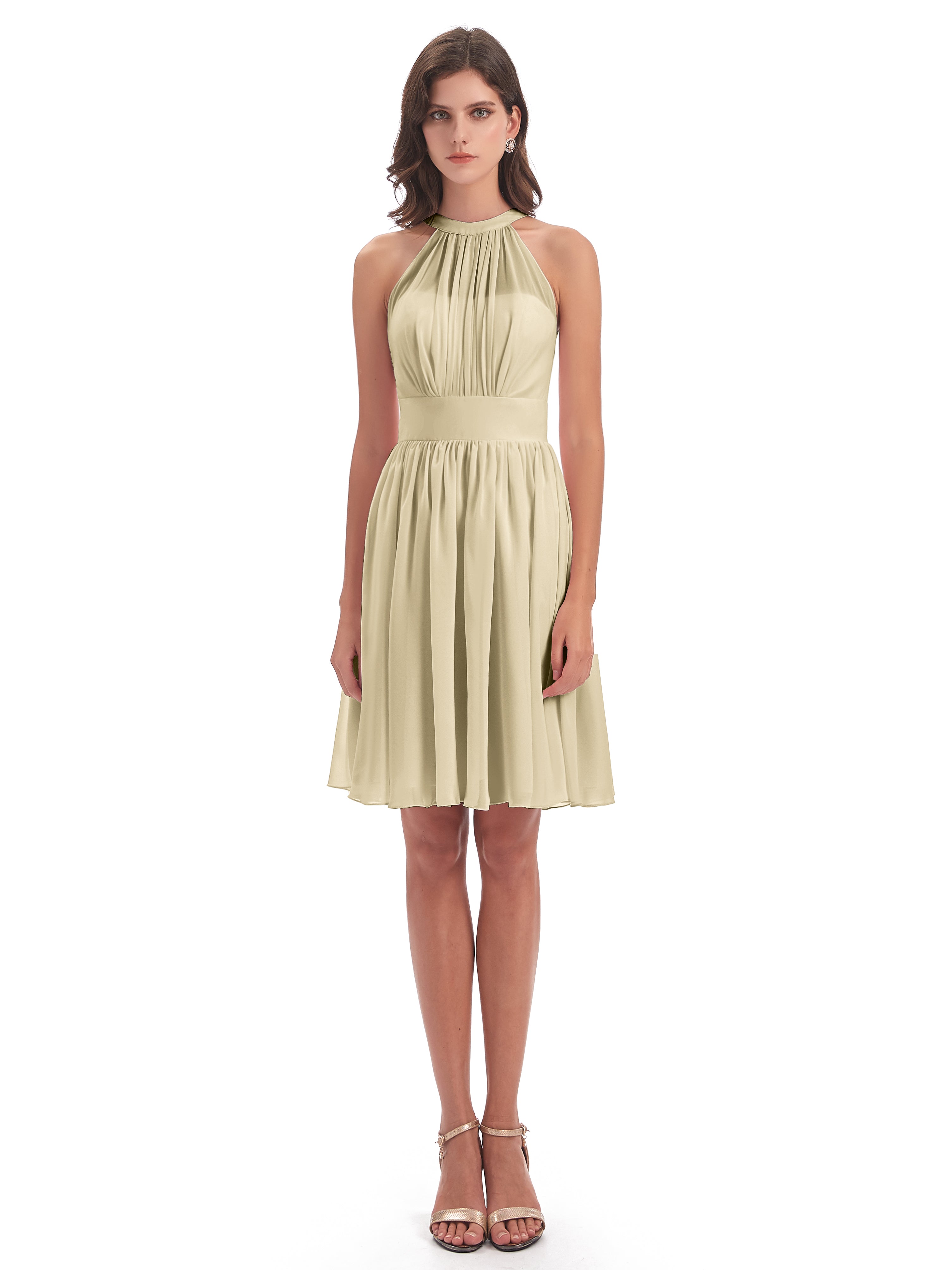 Robe Demoiselle D Honneur Champagne Trapèze Mini Licou Mousseline Courte Robes Demoiselle D'Honneur