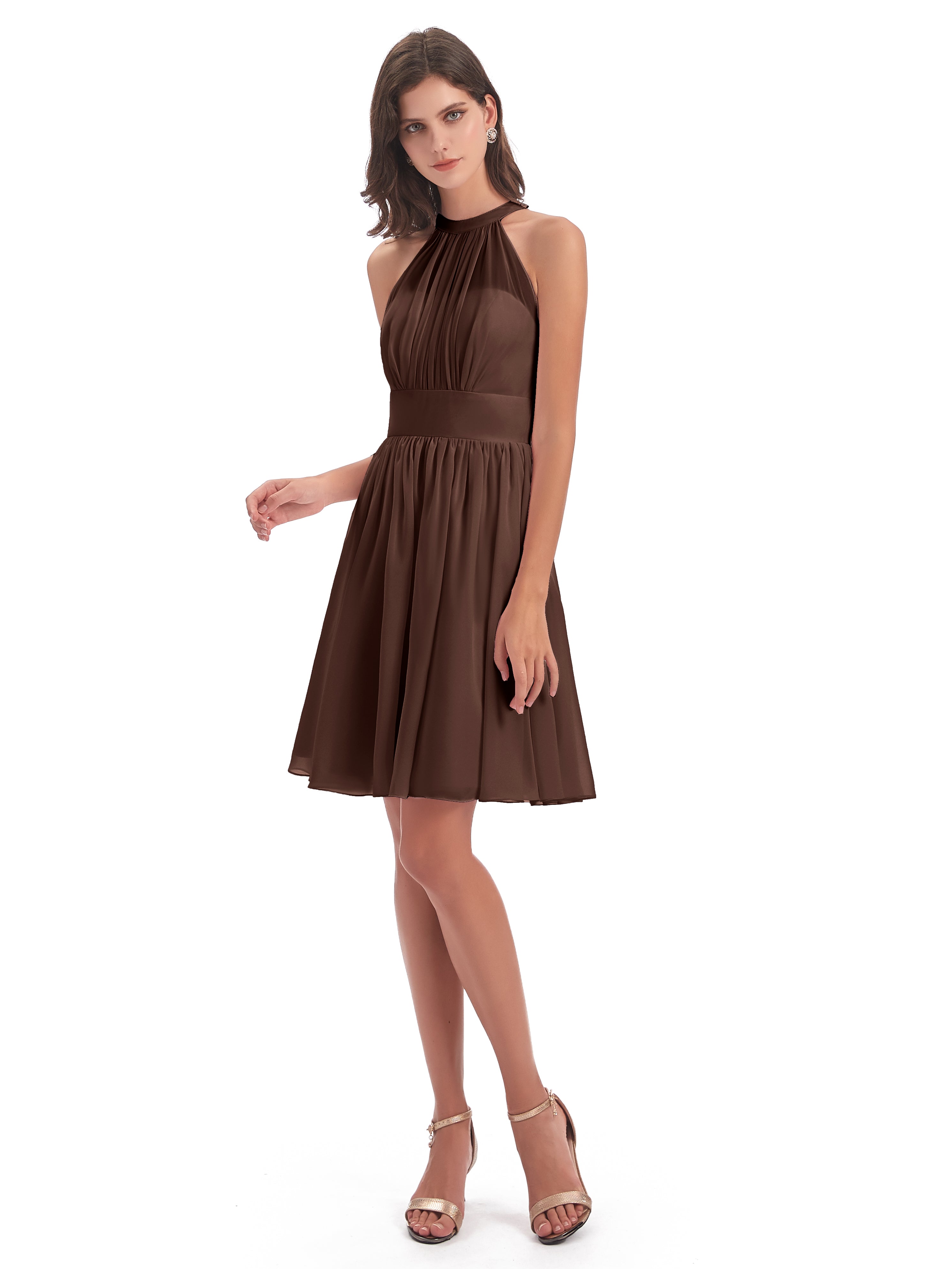 Robe Marron Chocolat Demoiselle D Honneur Trapèze Mini Licou Mousseline Courte Robes Demoiselle D'Honneur