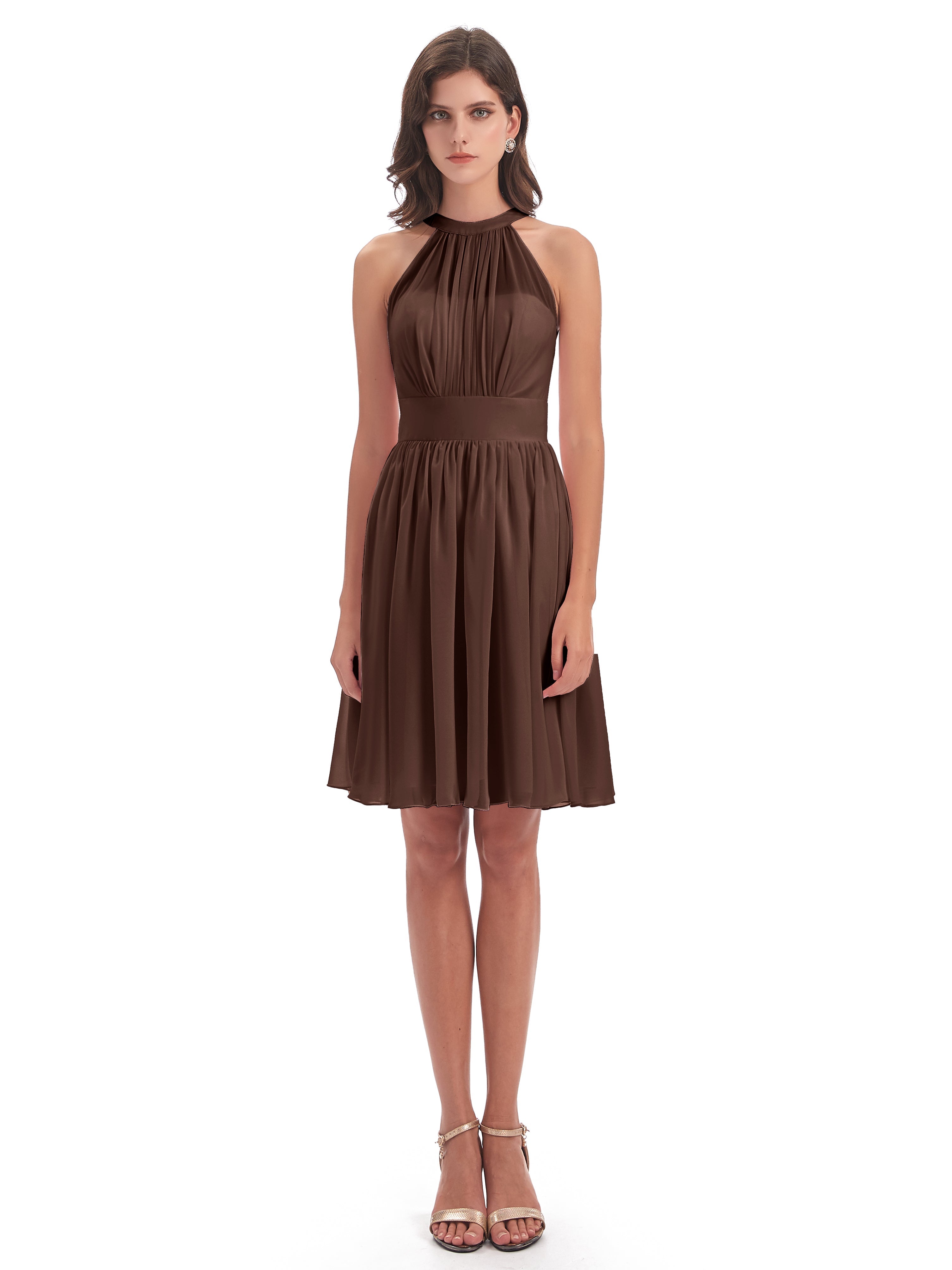 Robe Marron Chocolat Demoiselle D Honneur Trapèze Mini Licou Mousseline Courte Robes Demoiselle D'Honneur