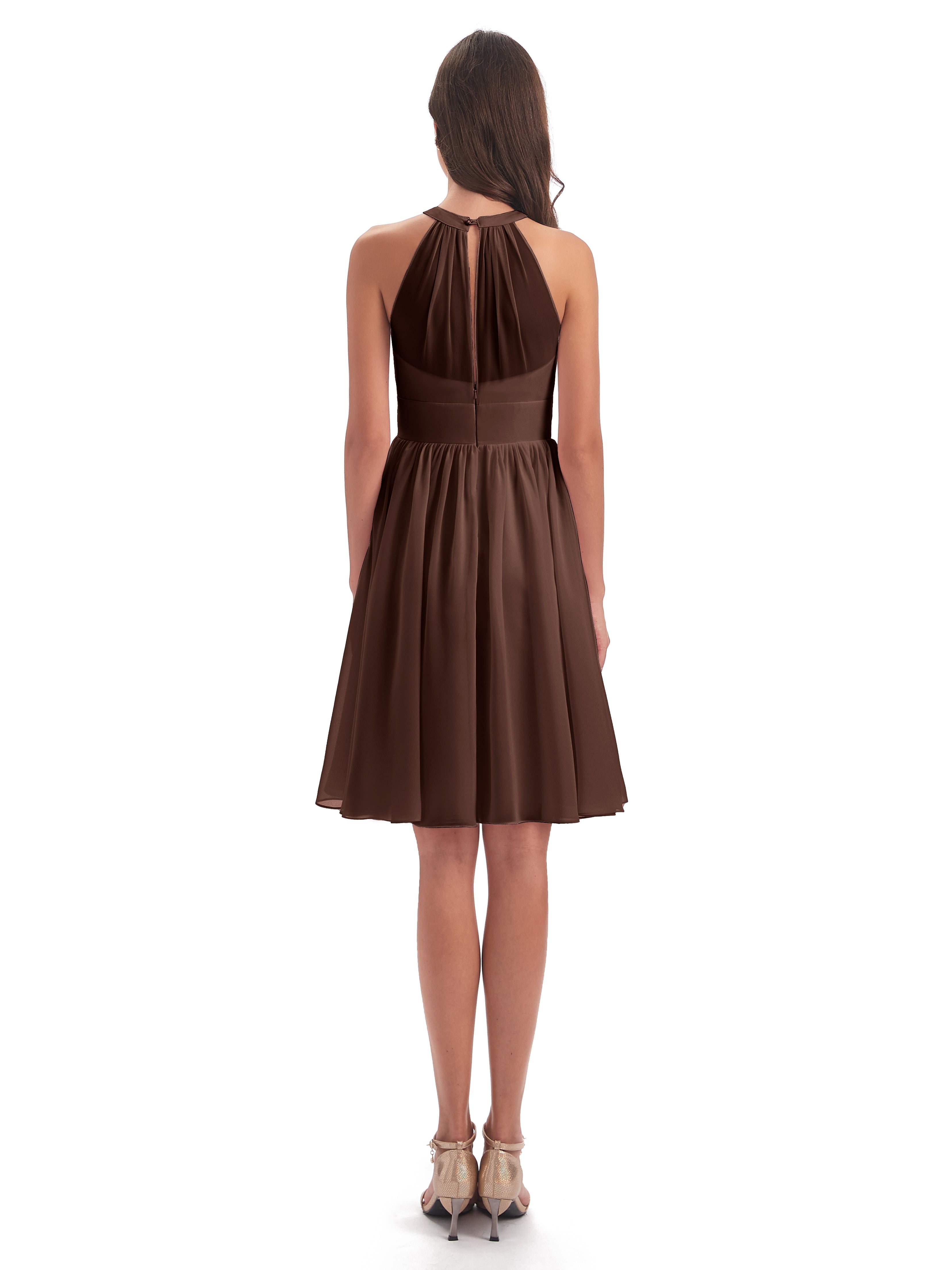 Robe Marron Chocolat Demoiselle D Honneur Trapèze Mini Licou Mousseline Courte Robes Demoiselle D'Honneur