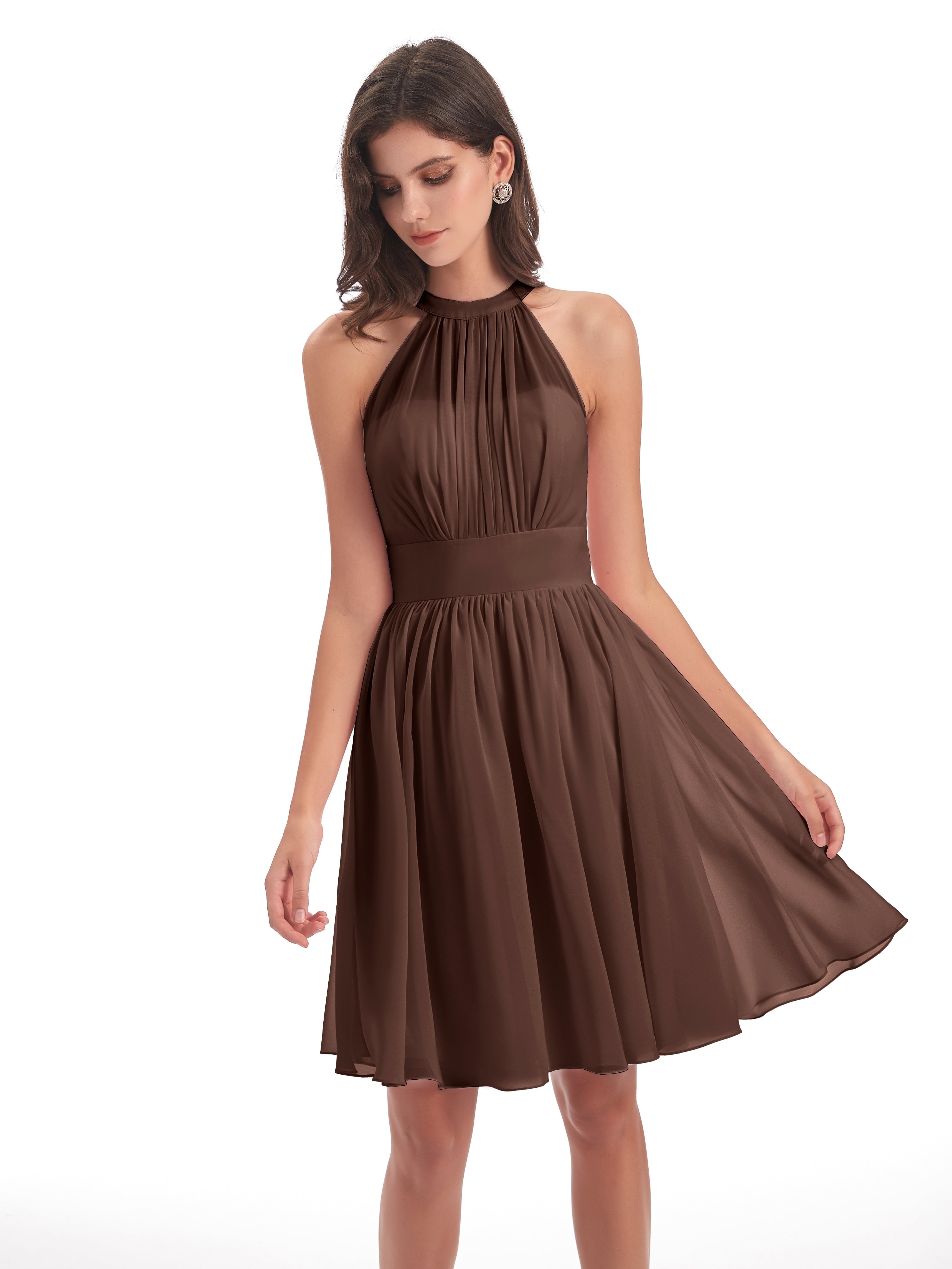 Robe Marron Chocolat Demoiselle D Honneur Trapèze Mini Licou Mousseline Courte Robes Demoiselle D'Honneur