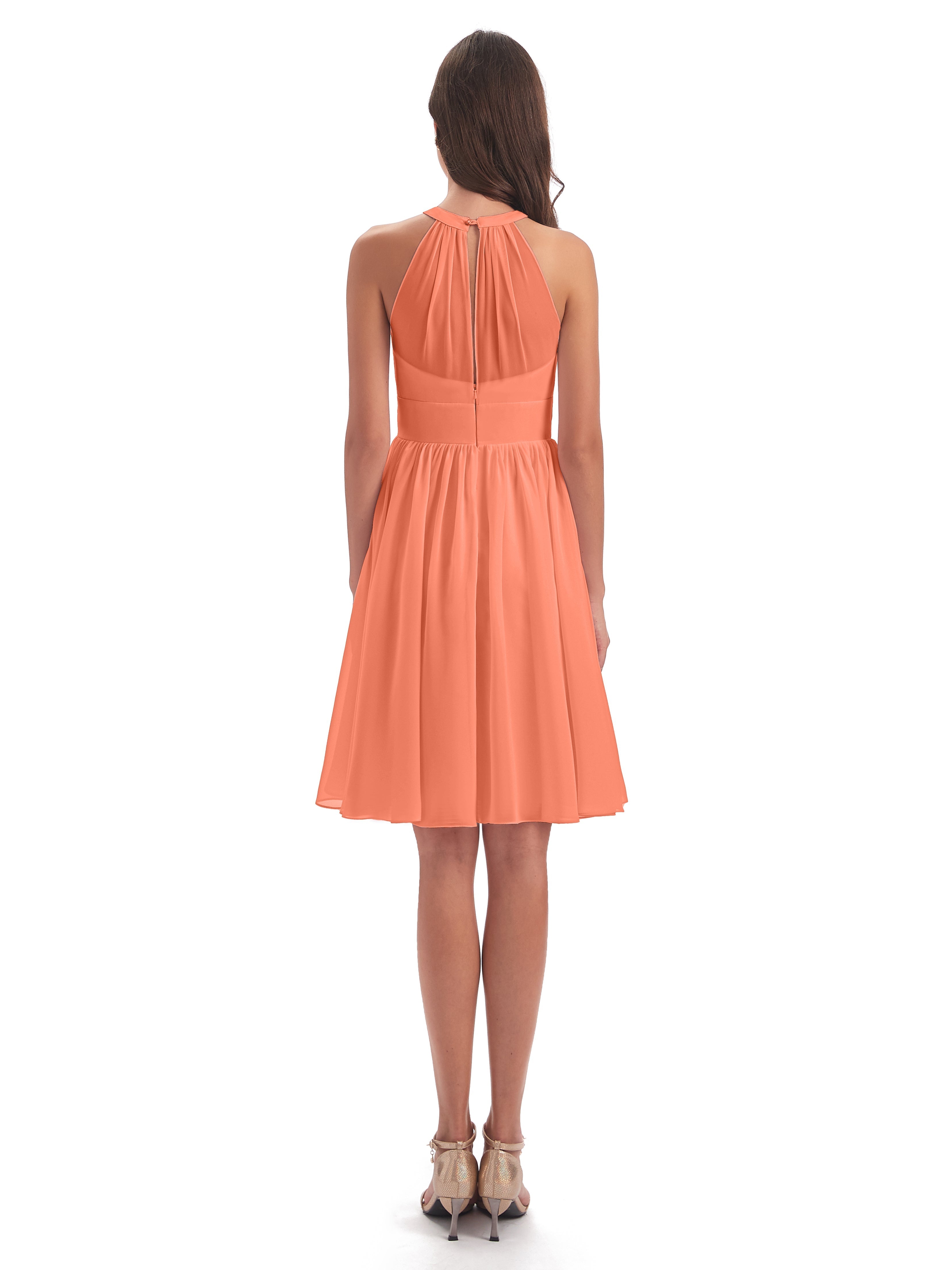 Robes De Demoiselle D'Honneur Coucher De Soleil Trapèze Mini Licou Mousseline Courte Robes Demoiselle D'Honneur