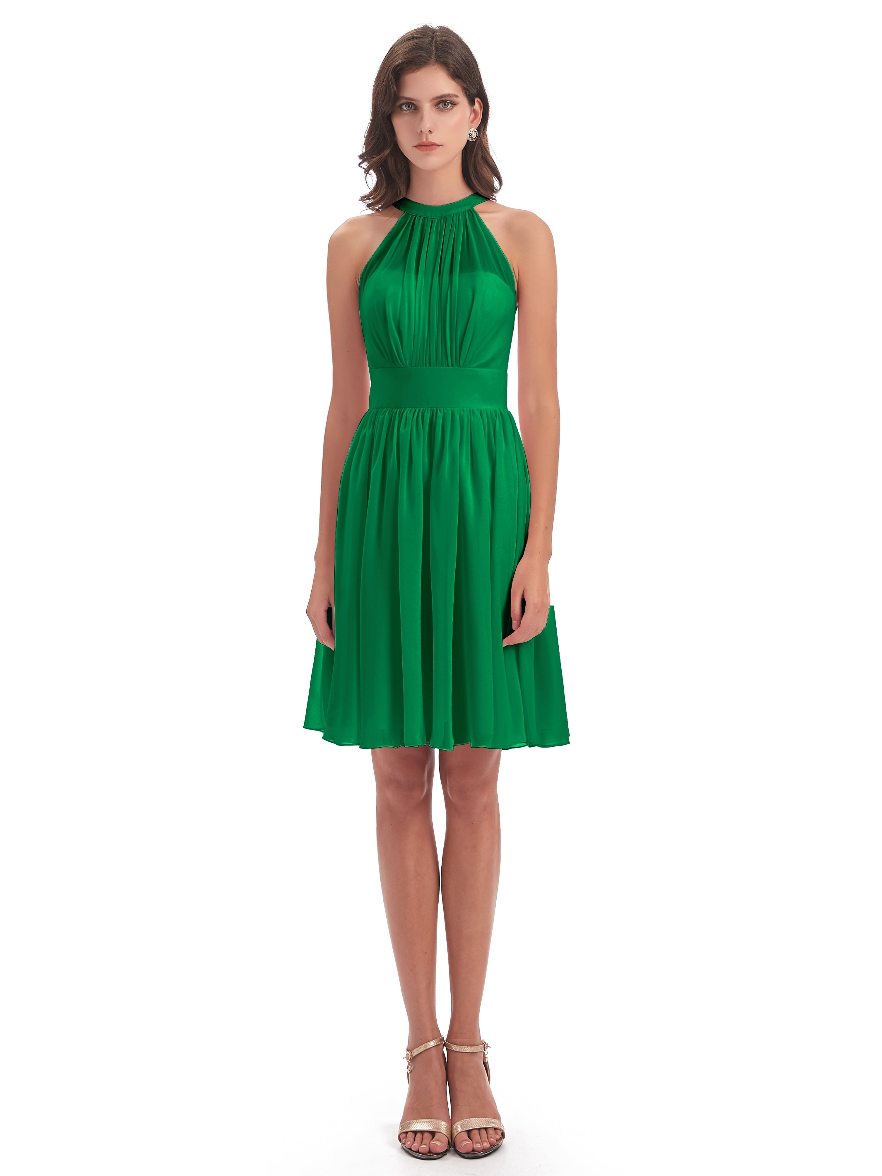 Demoiselle D'Honneur Vert Émeraude Trapèze Mini Licou Mousseline Courte Robes Demoiselle D'Honneur