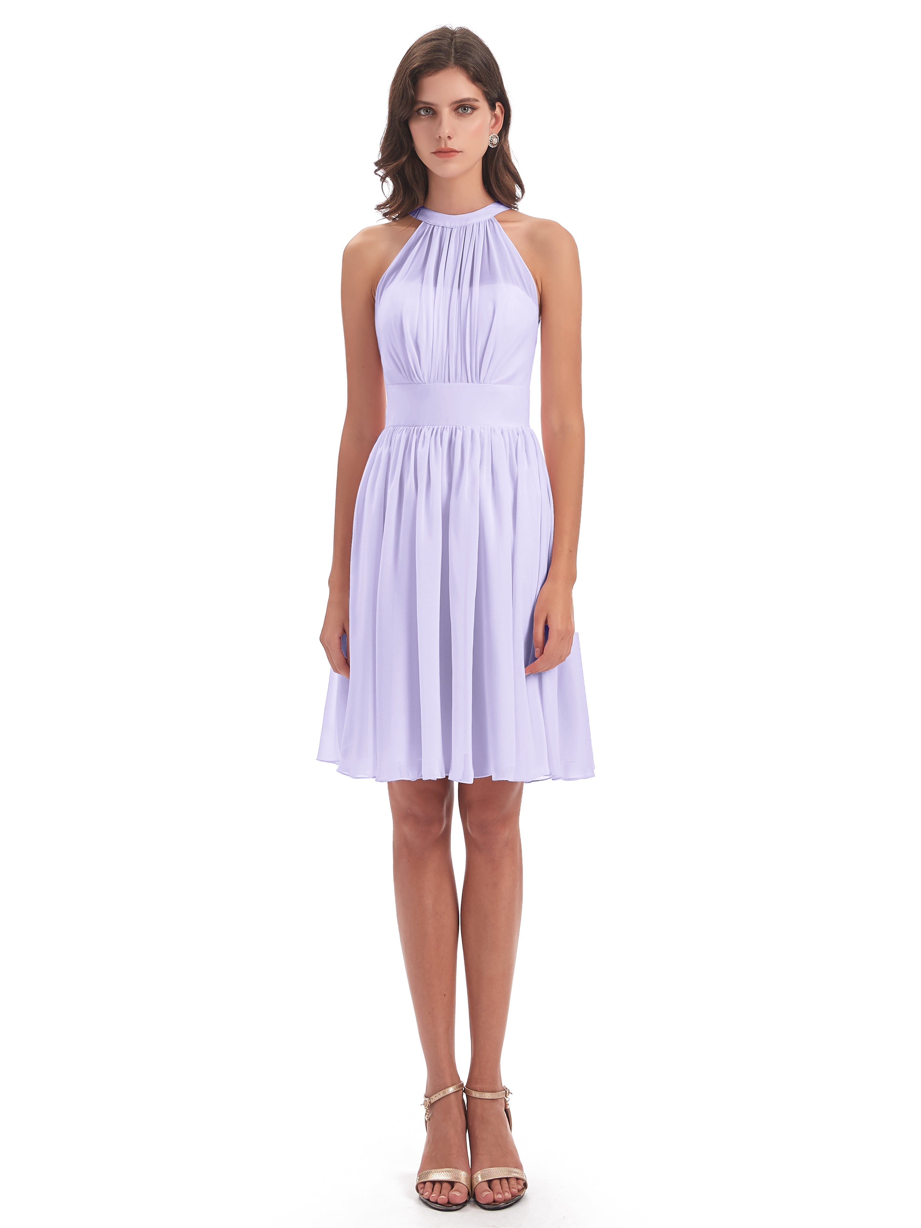 Robe De Demoiselle D Honneur Lilas Trapèze Mini Licou Mousseline Courte Robes Demoiselle D'Honneur