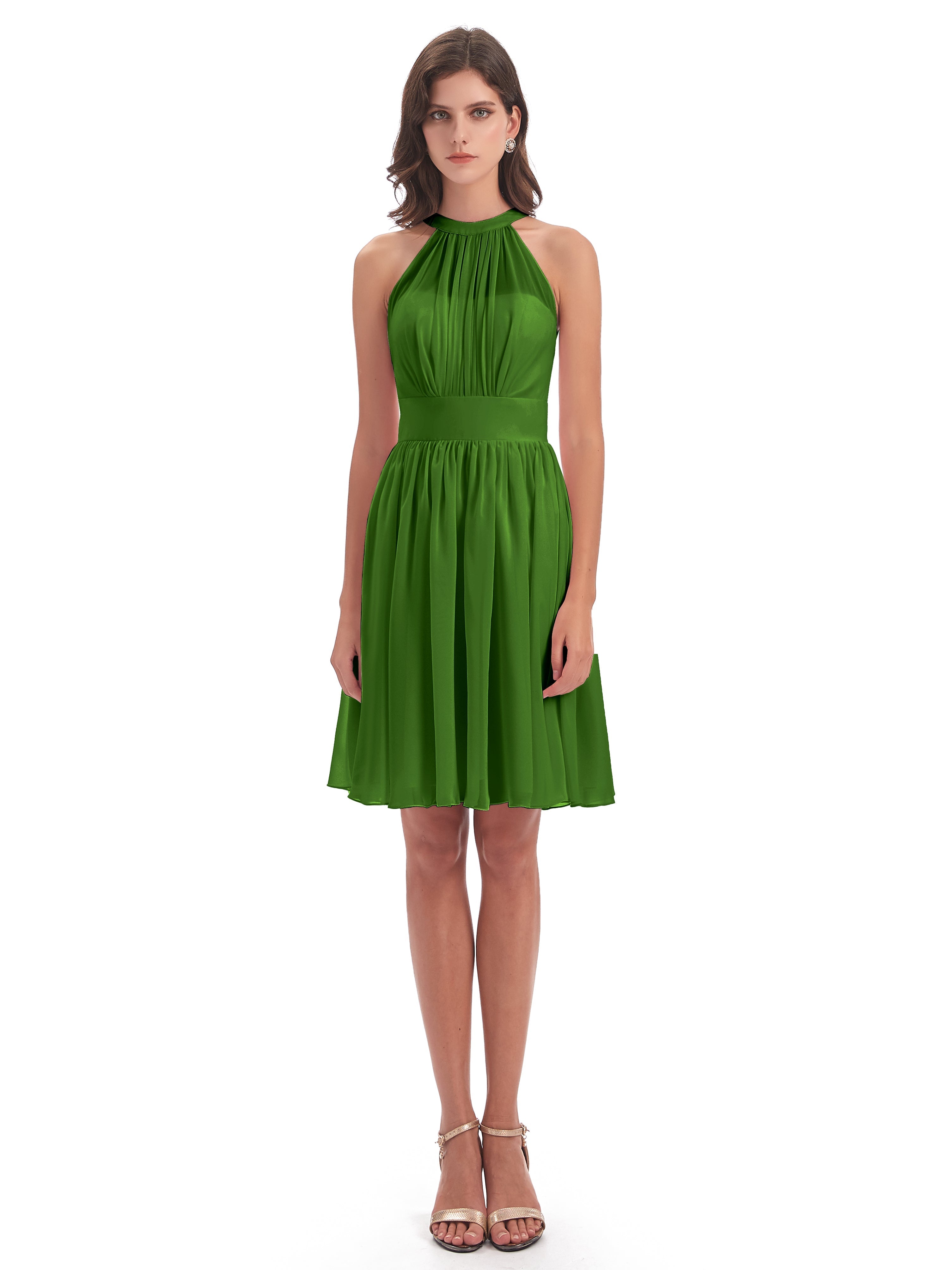 Robes De Demoiselle D'Honneur Vert Mousse Trapèze Mini Licou Mousseline Courte Robes Demoiselle D'Honneur