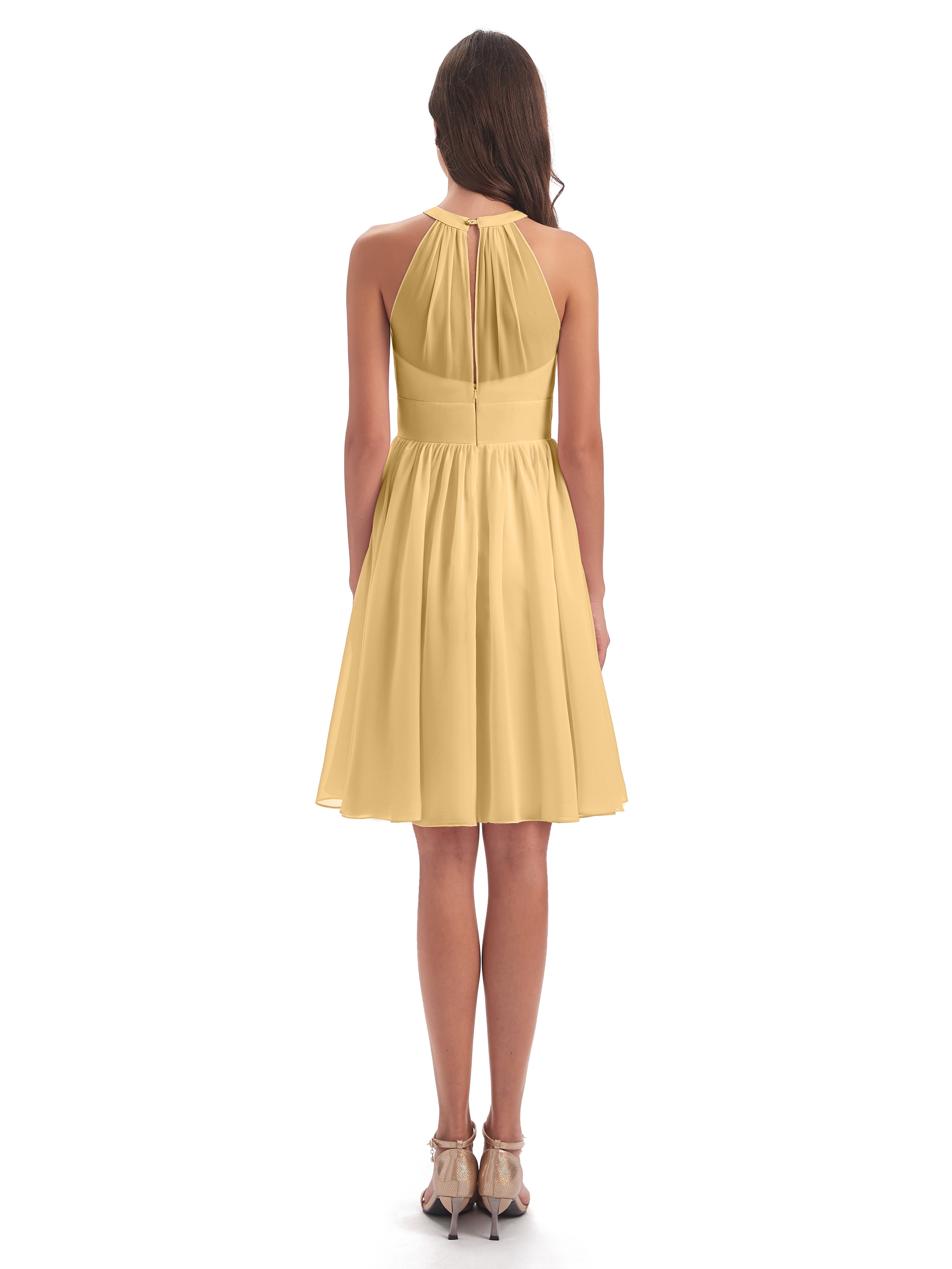 Robe Demoiselle D Honneur Dorée Trapèze Mini Licou Mousseline Courte Robes Demoiselle D'Honneur