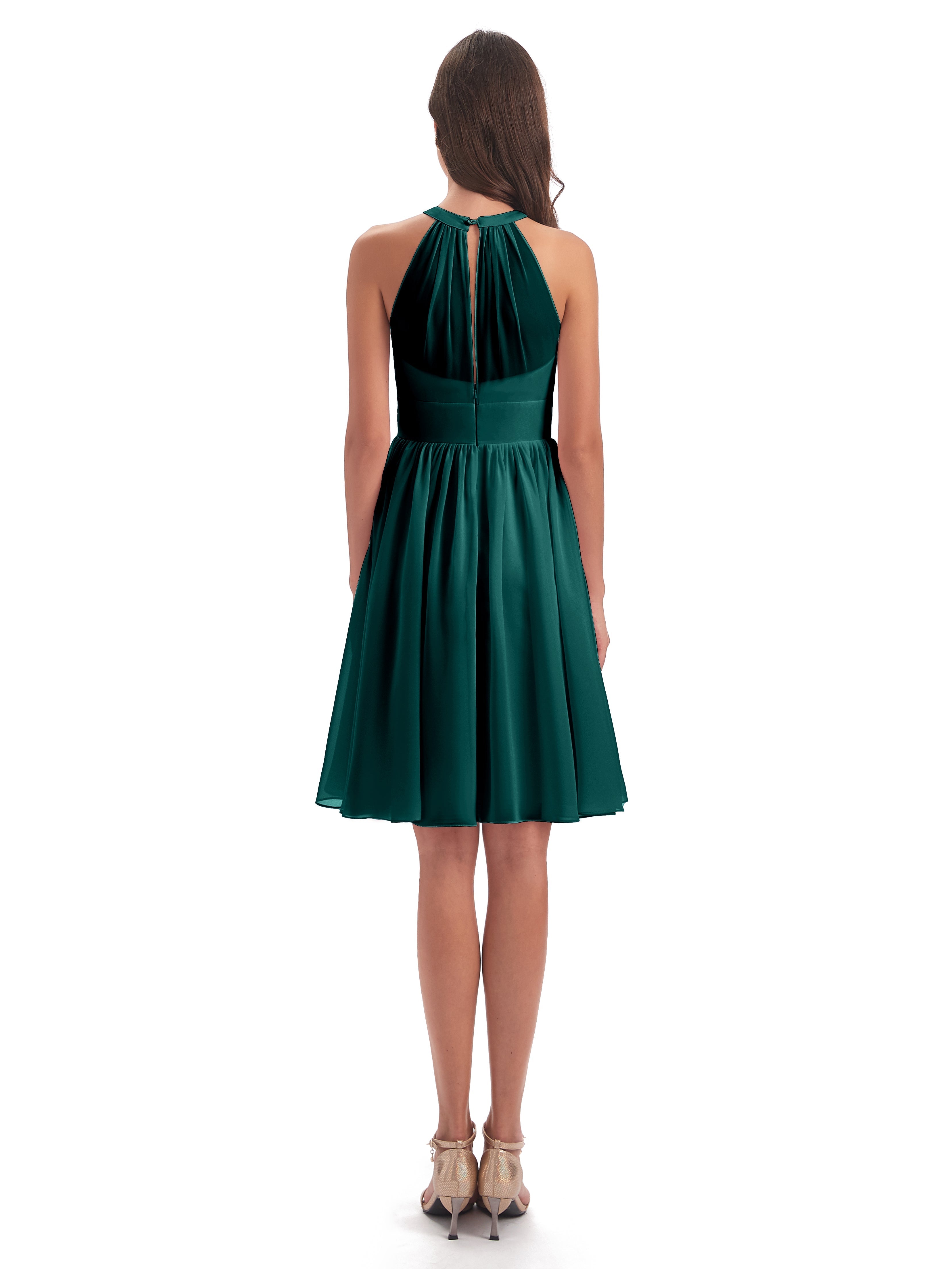 Robe De Demoiselle D'Honneur De Paon Au Sol Trapèze Mini Licou Mousseline Courte Robes Demoiselle D'Honneur