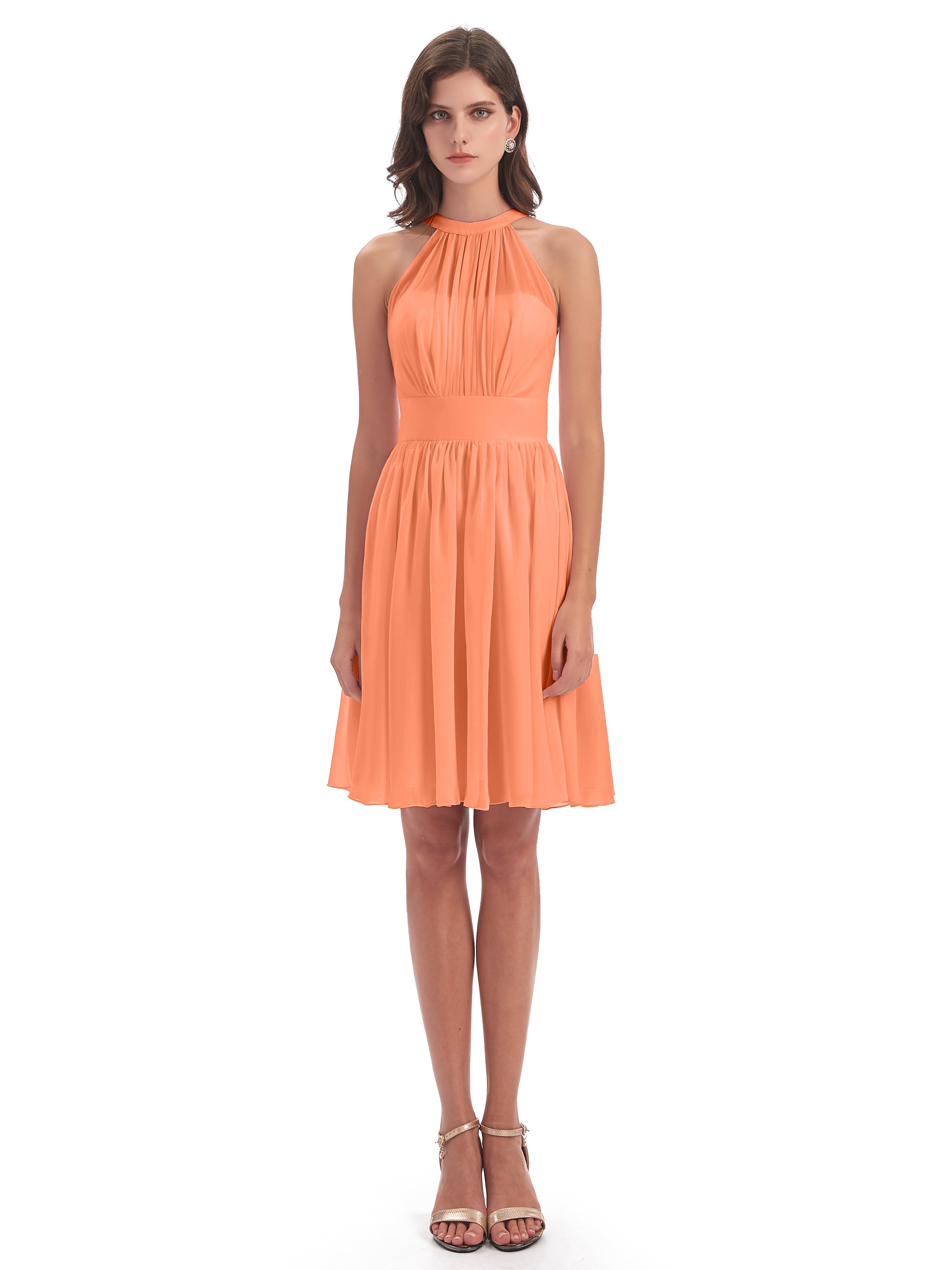 Robes De Demoiselle D'Honneur Papaye Trapèze Mini Licou Mousseline Courte Robes Demoiselle D'Honneur