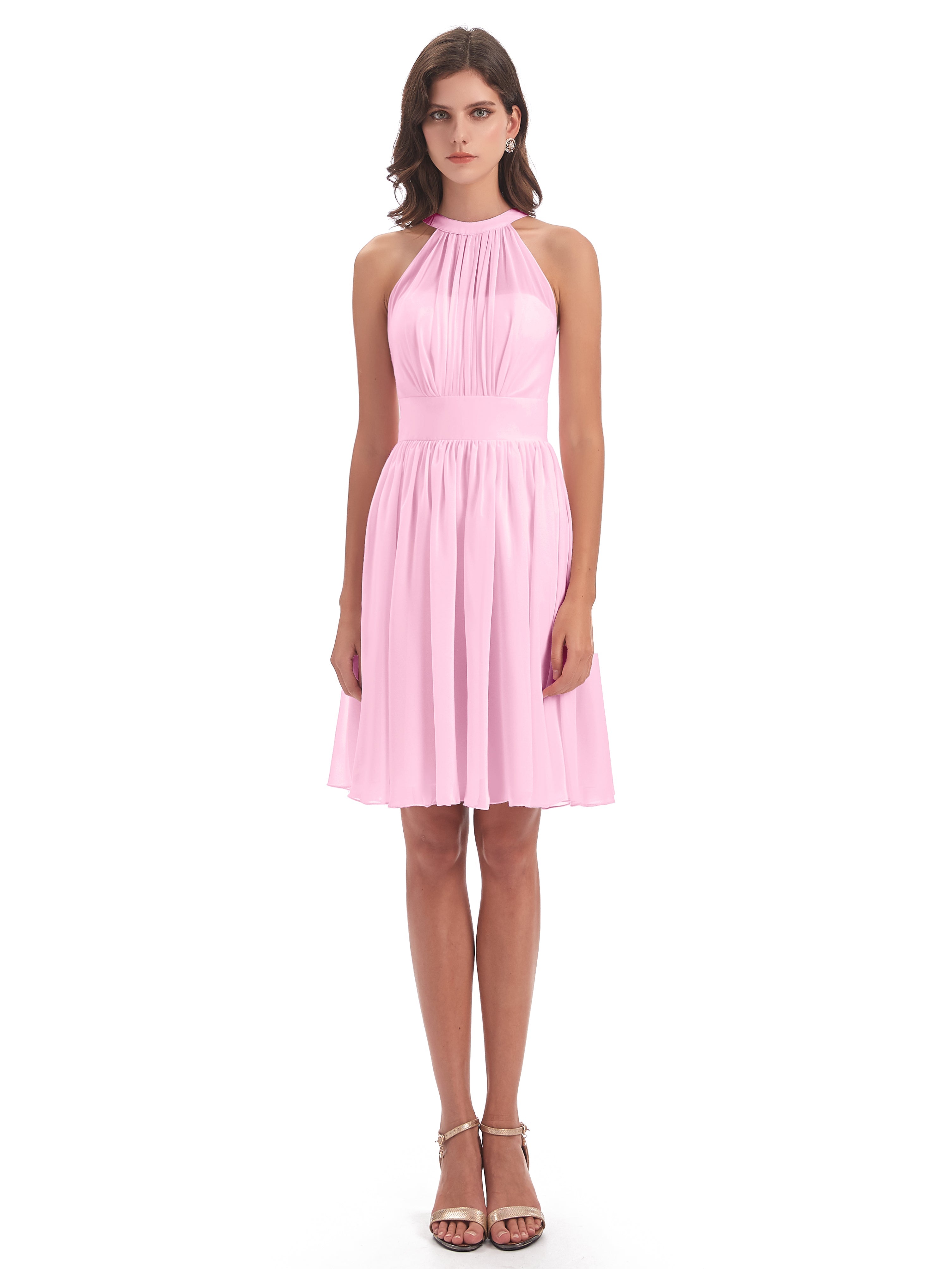 Robes De Demoiselle D'Honneur Rose Bonbon Trapèze Mini Licou Mousseline Courte Robes Demoiselle D'Honneur