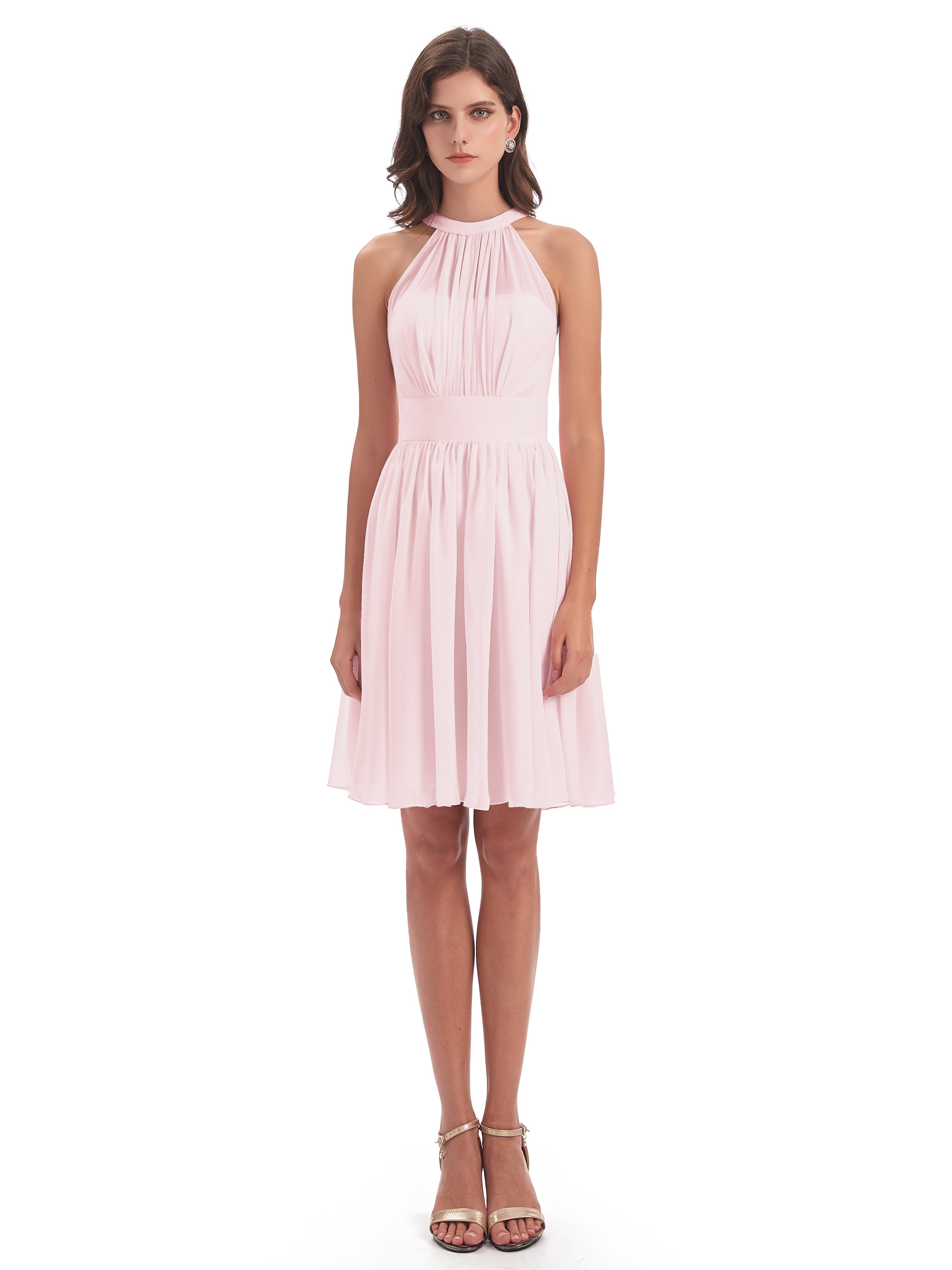 Robe Demoiselle Dhonneur Rose Pale Trapèze Mini Licou Mousseline Courte Robes Demoiselle D'Honneur