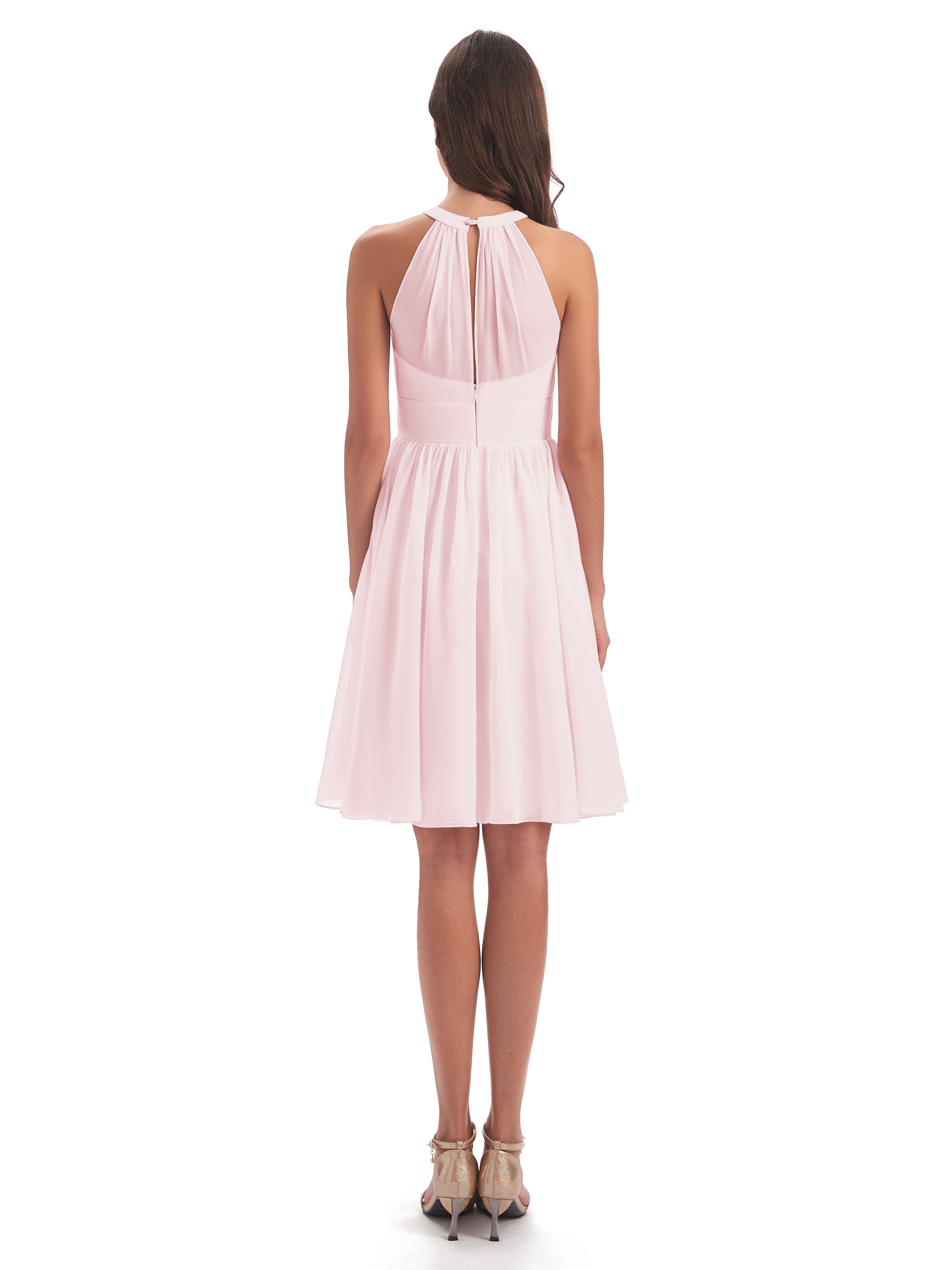 Robe Demoiselle Dhonneur Rose Pale Trapèze Mini Licou Mousseline Courte Robes Demoiselle D'Honneur