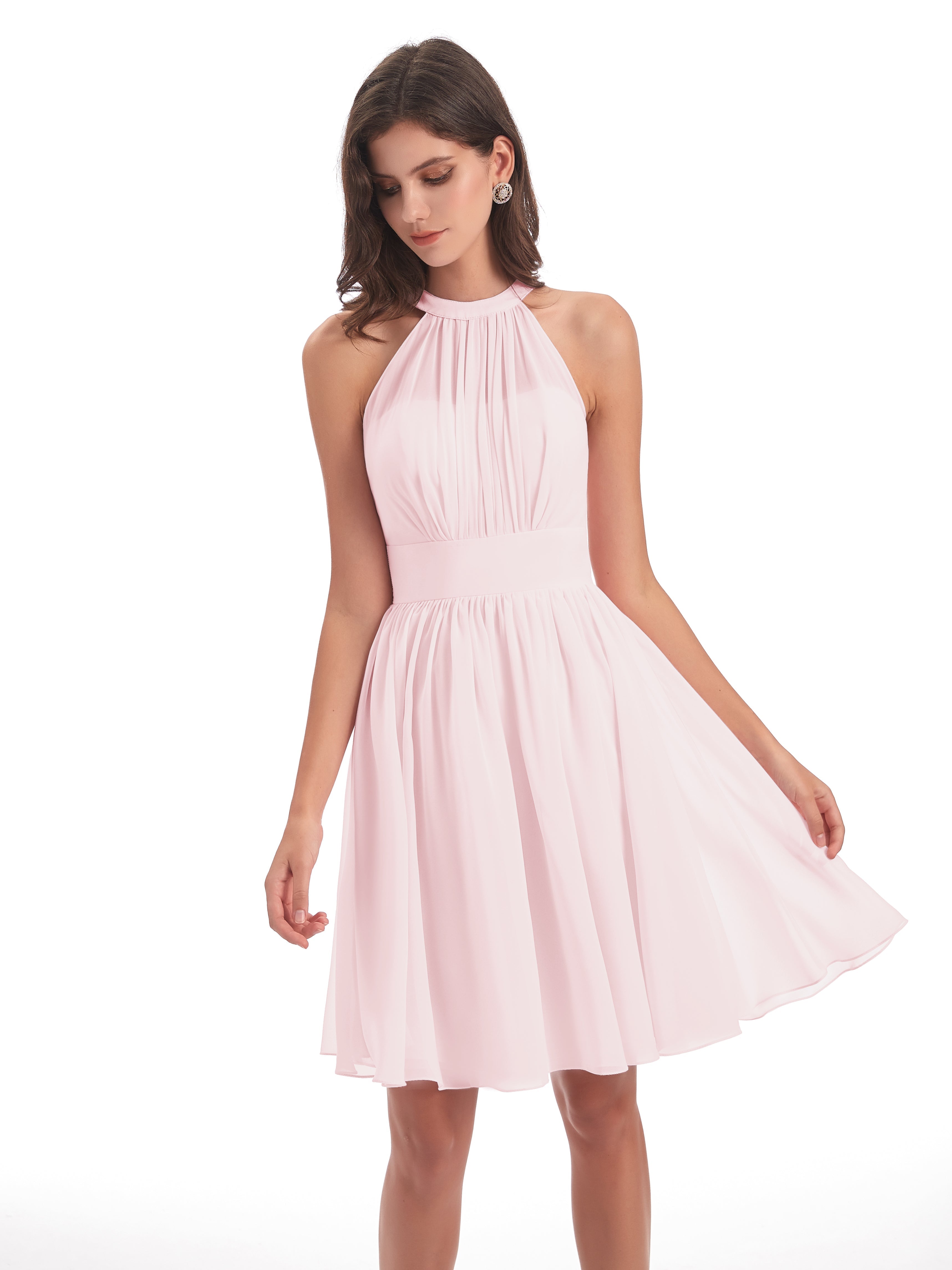 Robe Demoiselle Dhonneur Rose Pale Trapèze Mini Licou Mousseline Courte Robes Demoiselle D'Honneur