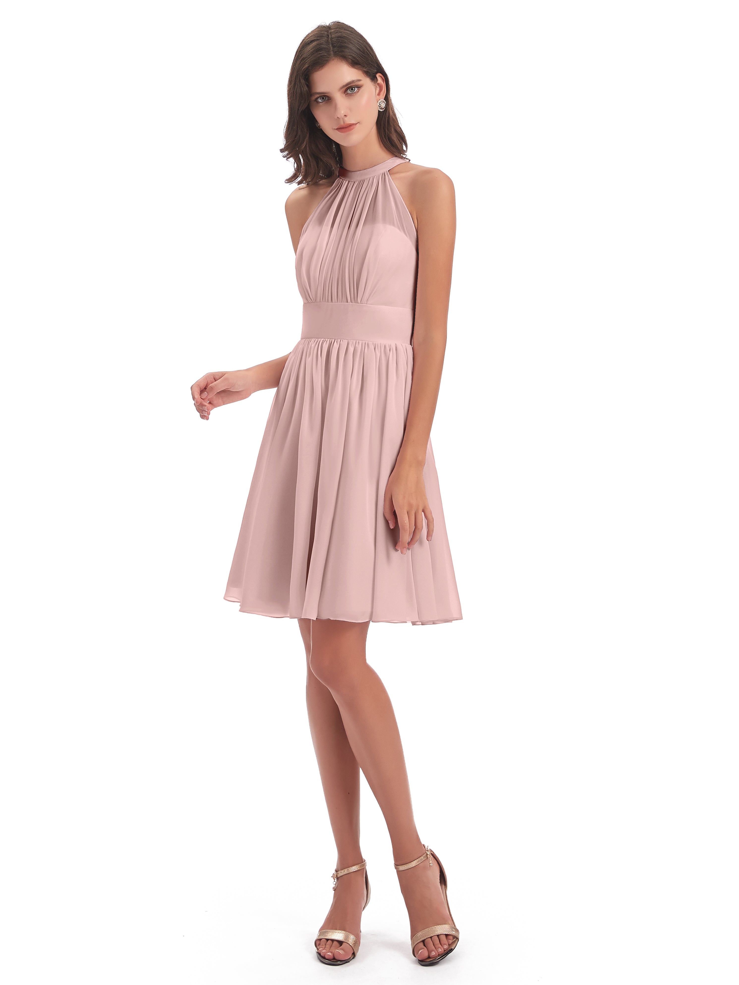 Rose Poudrée De Demoiselle D'Honneur Trapèze Mini Licou Mousseline Courte Robes Demoiselle D'Honneur