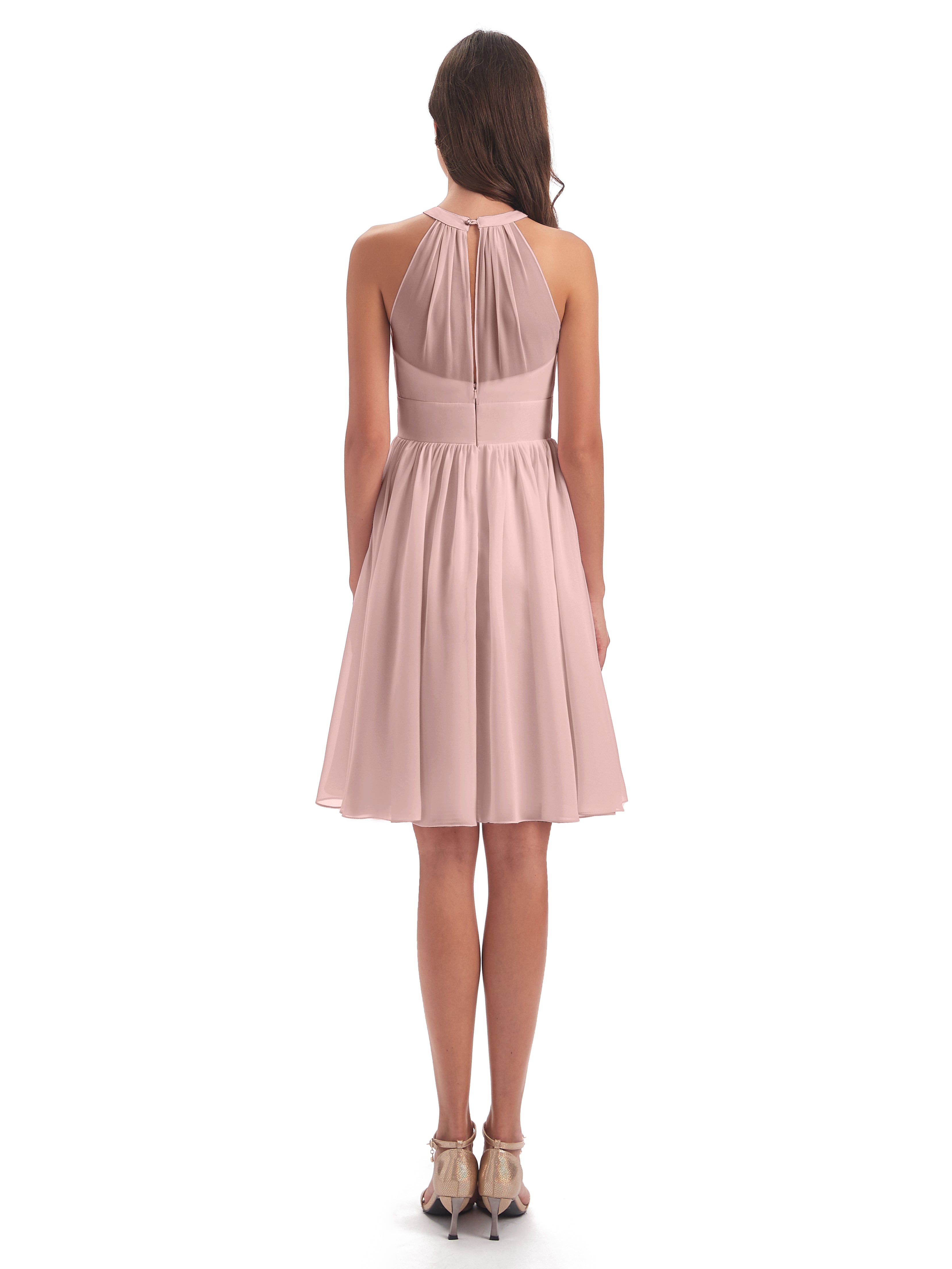 Rose Poudrée De Demoiselle D'Honneur Trapèze Mini Licou Mousseline Courte Robes Demoiselle D'Honneur