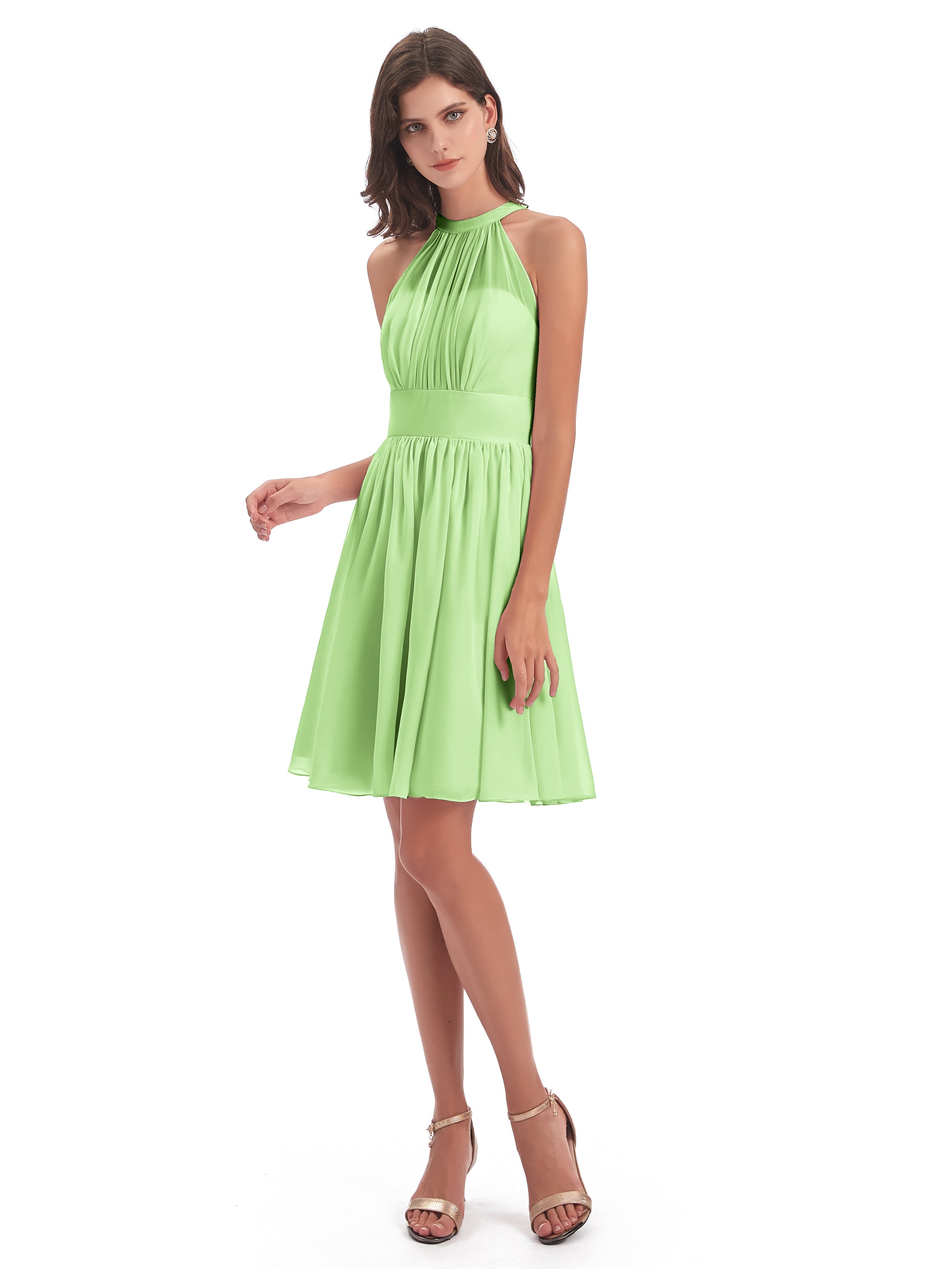 Demoiselle Robe Vert Sauge Trapèze Mini Licou Mousseline Courte Robes Demoiselle D'Honneur