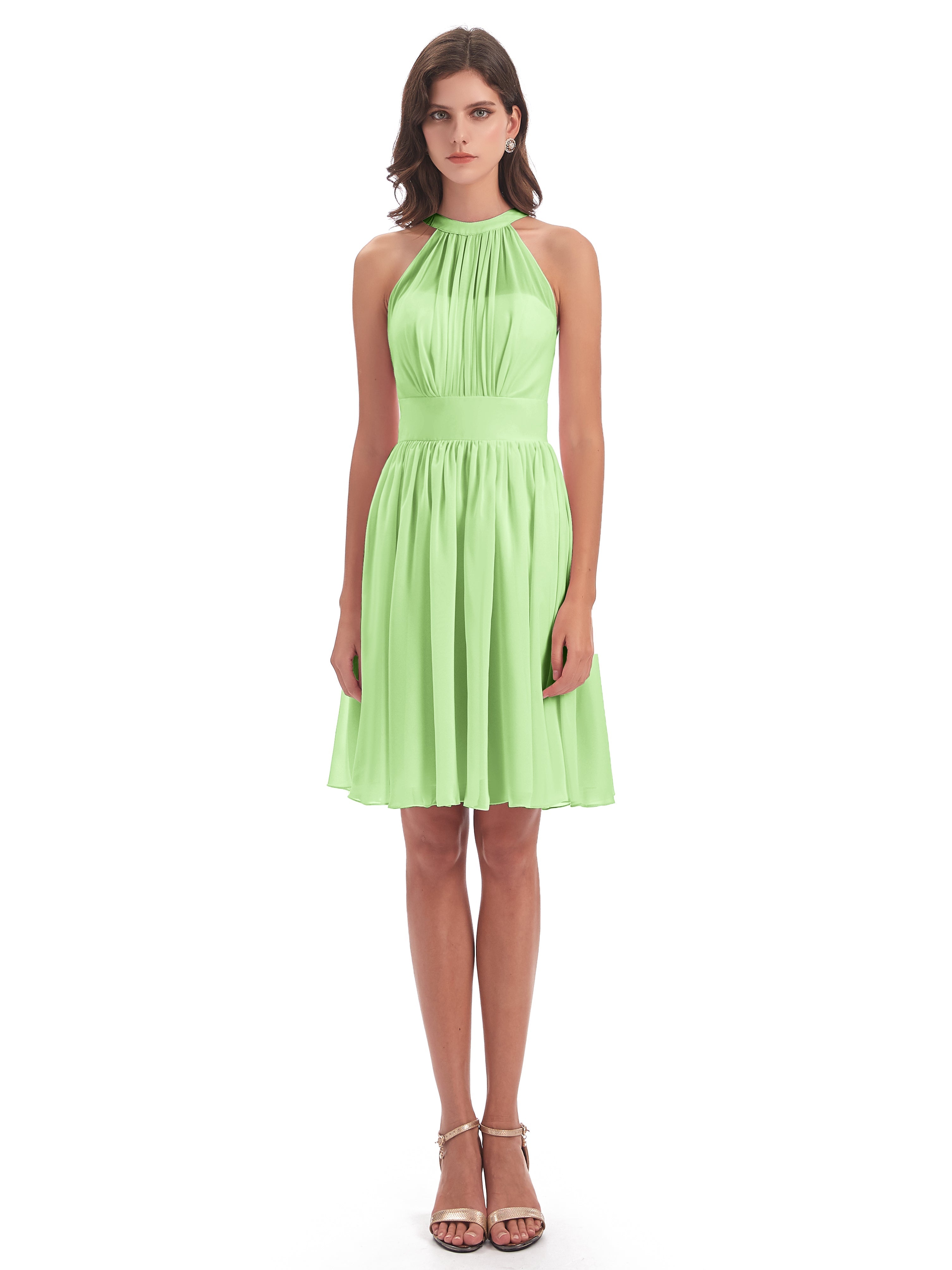 Demoiselle Robe Vert Sauge Trapèze Mini Licou Mousseline Courte Robes Demoiselle D'Honneur