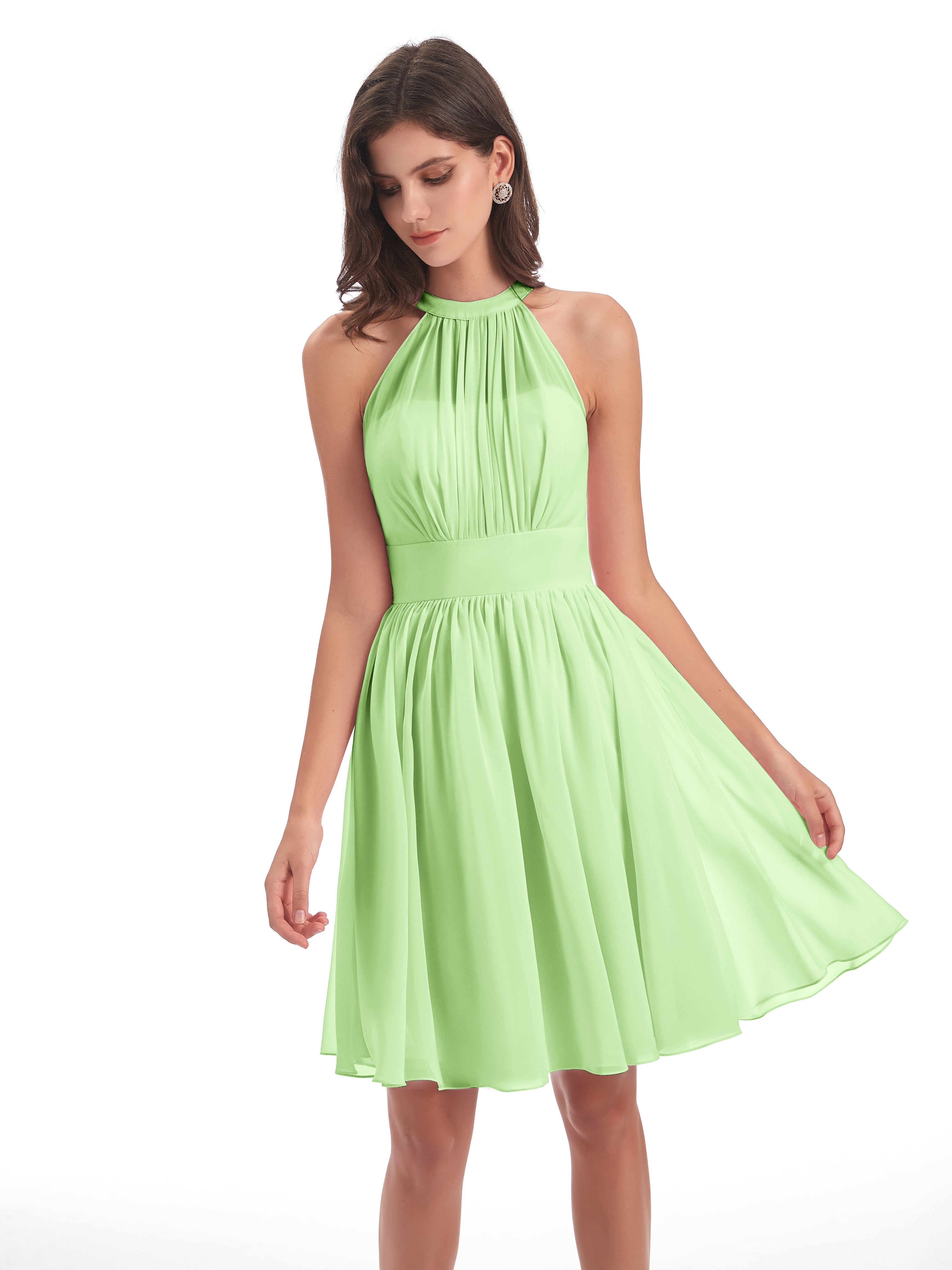 Demoiselle Robe Vert Sauge Trapèze Mini Licou Mousseline Courte Robes Demoiselle D'Honneur