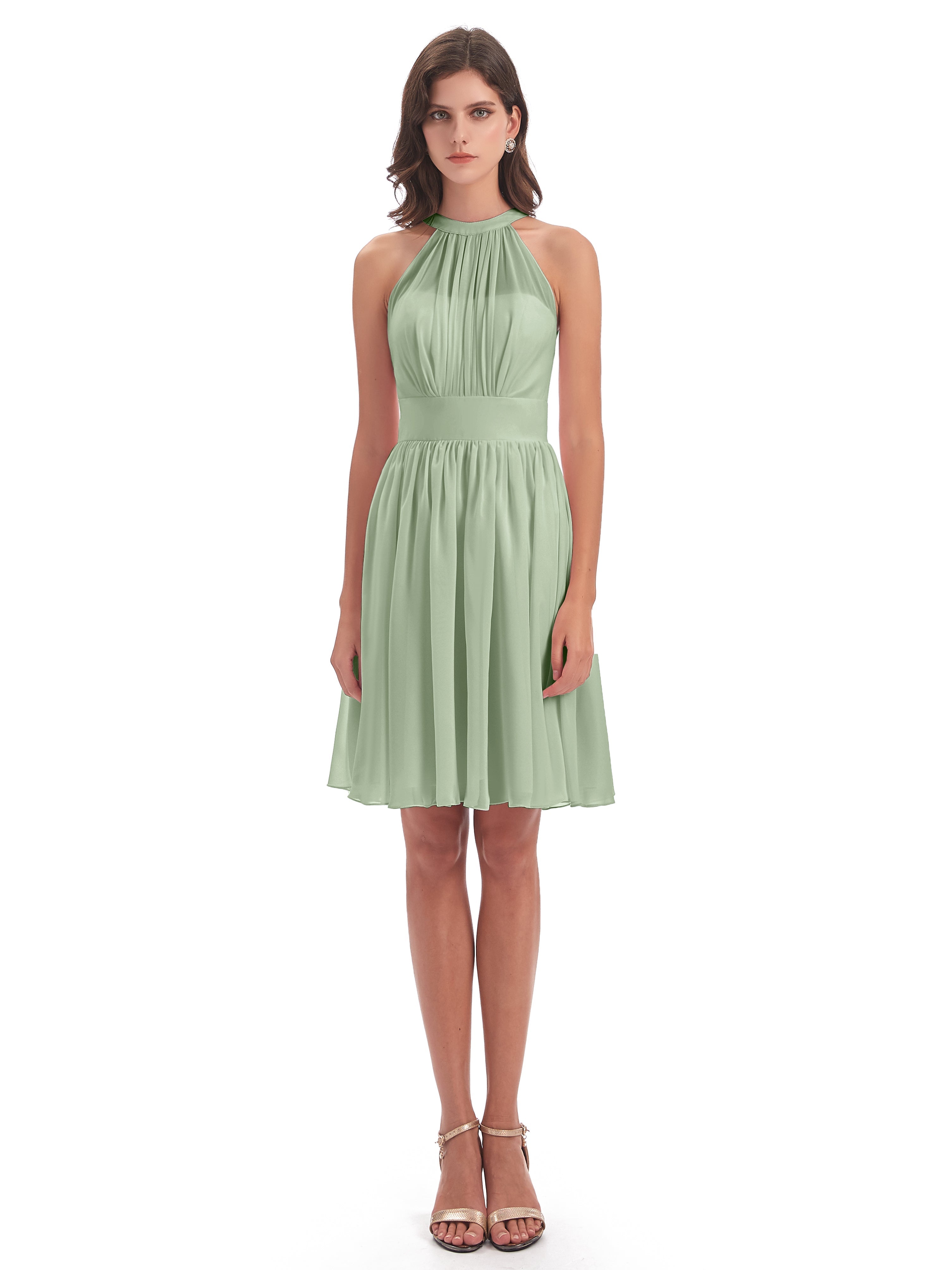 Demoiselle D'Honneur De Sauge Poussiéreuse Trapèze Mini Licou Mousseline Courte Robes Demoiselle D'Honneur