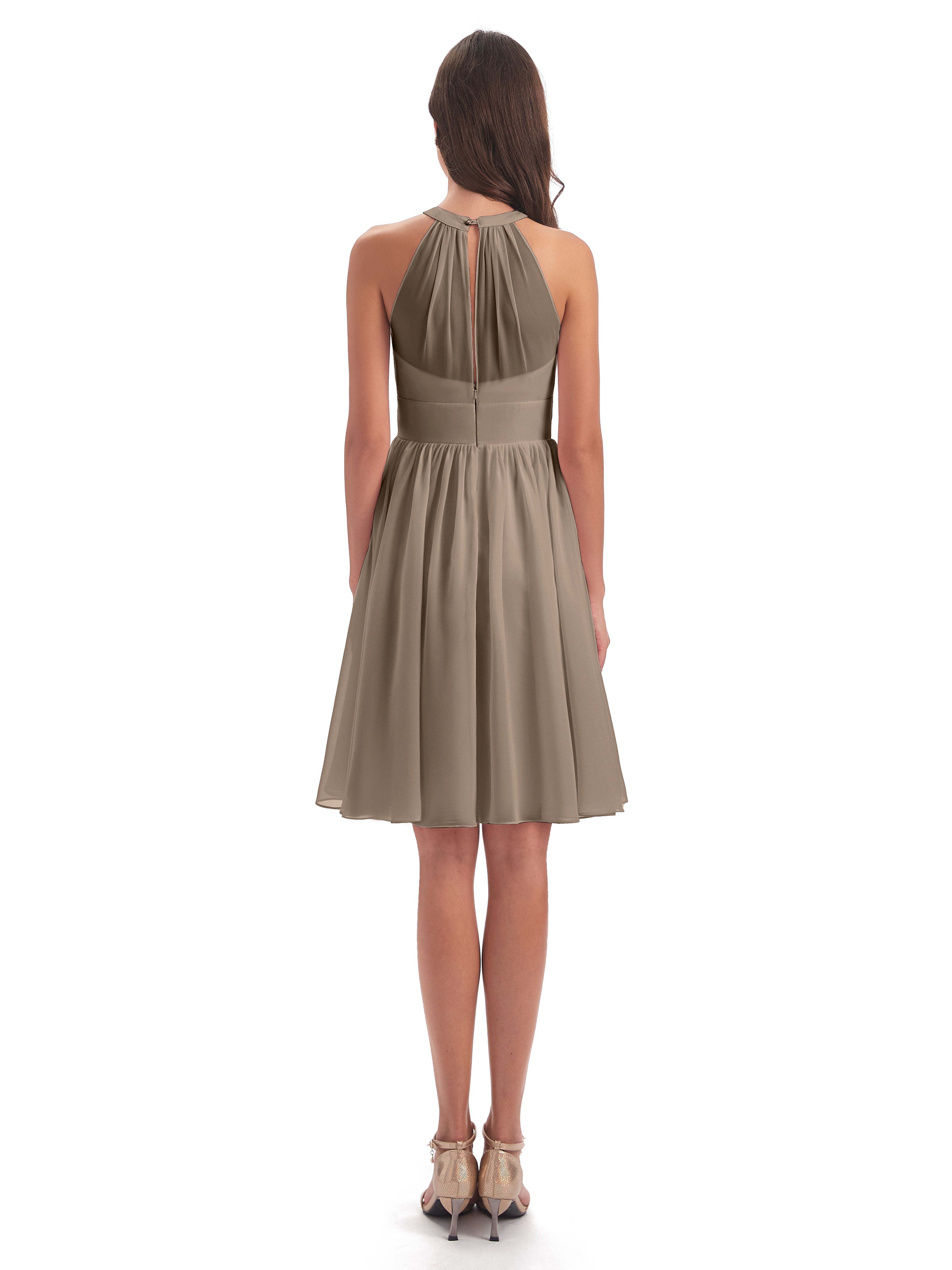 Robe Taupe Demoiselle D Honneur Trapèze Mini Licou Mousseline Courte Robes Demoiselle D'Honneur