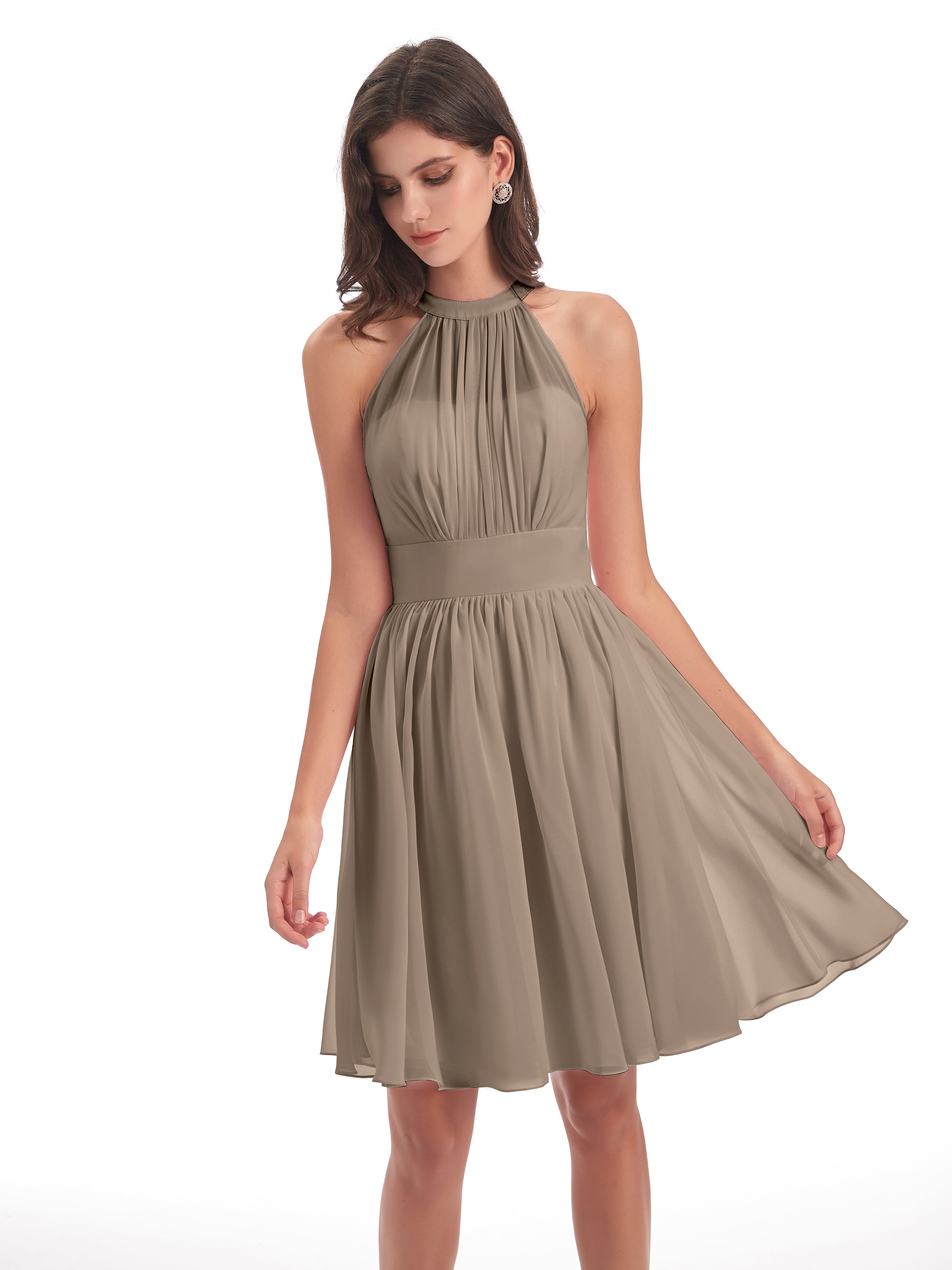 Robe Taupe Demoiselle D Honneur Trapèze Mini Licou Mousseline Courte Robes Demoiselle D'Honneur