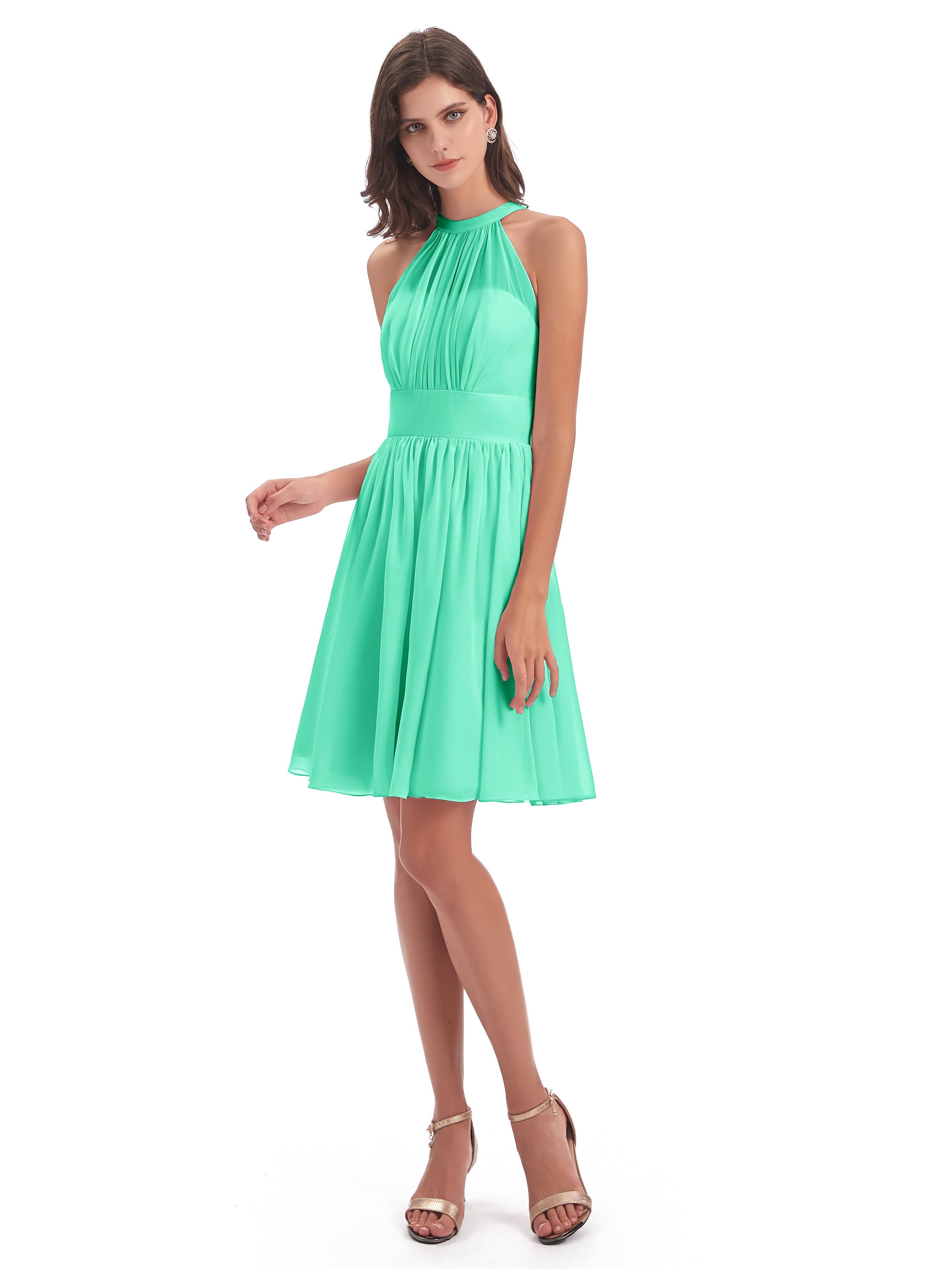 Robe Bleu Turquoise Demoiselle D Honneur Trapèze Mini Licou Mousseline Courte Robes Demoiselle D'Honneur