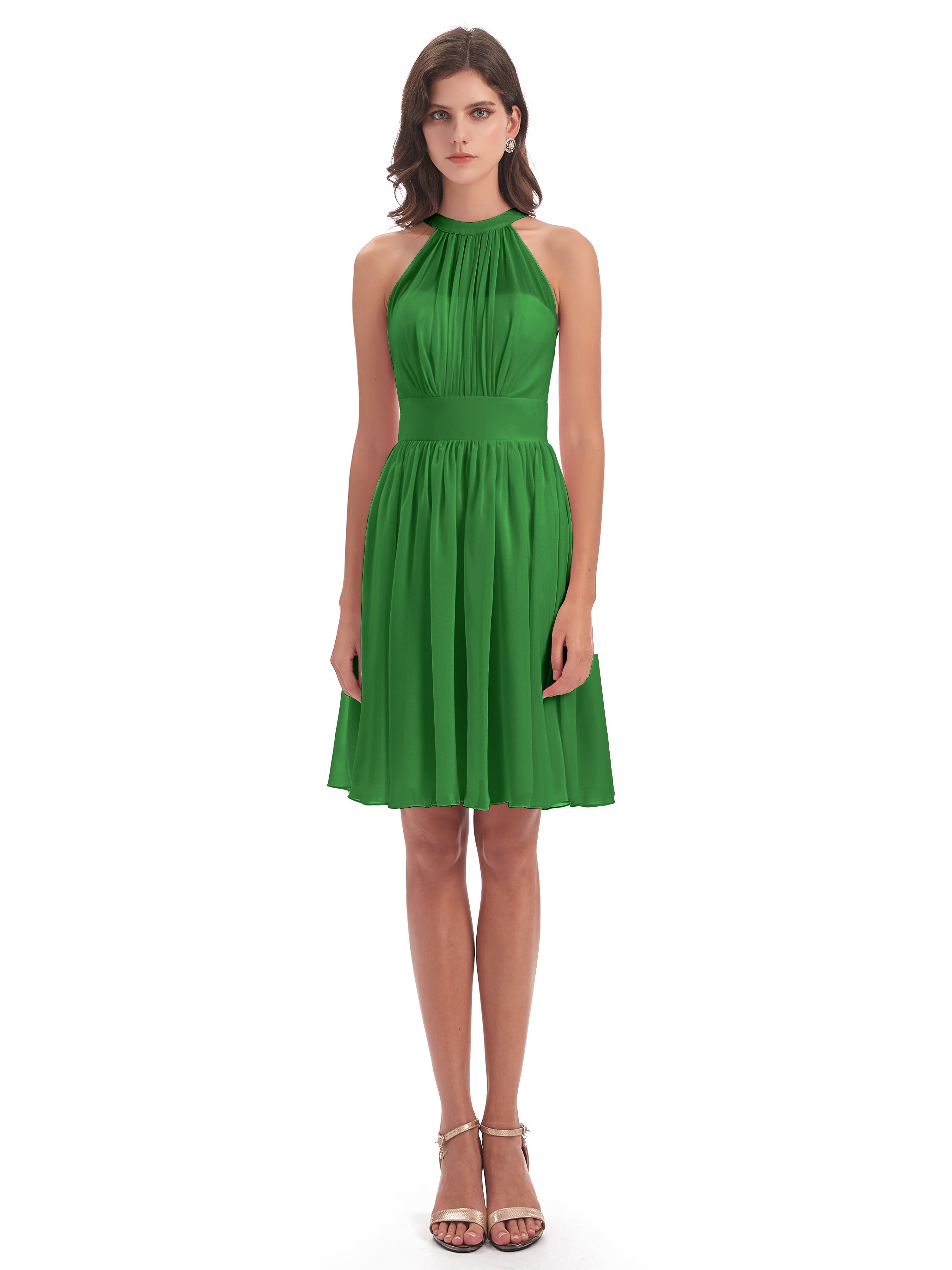 Robes De Demoiselle D'Honneur Vert Pin Trapèze Mini Licou Mousseline Courte Robes Demoiselle D'Honneur