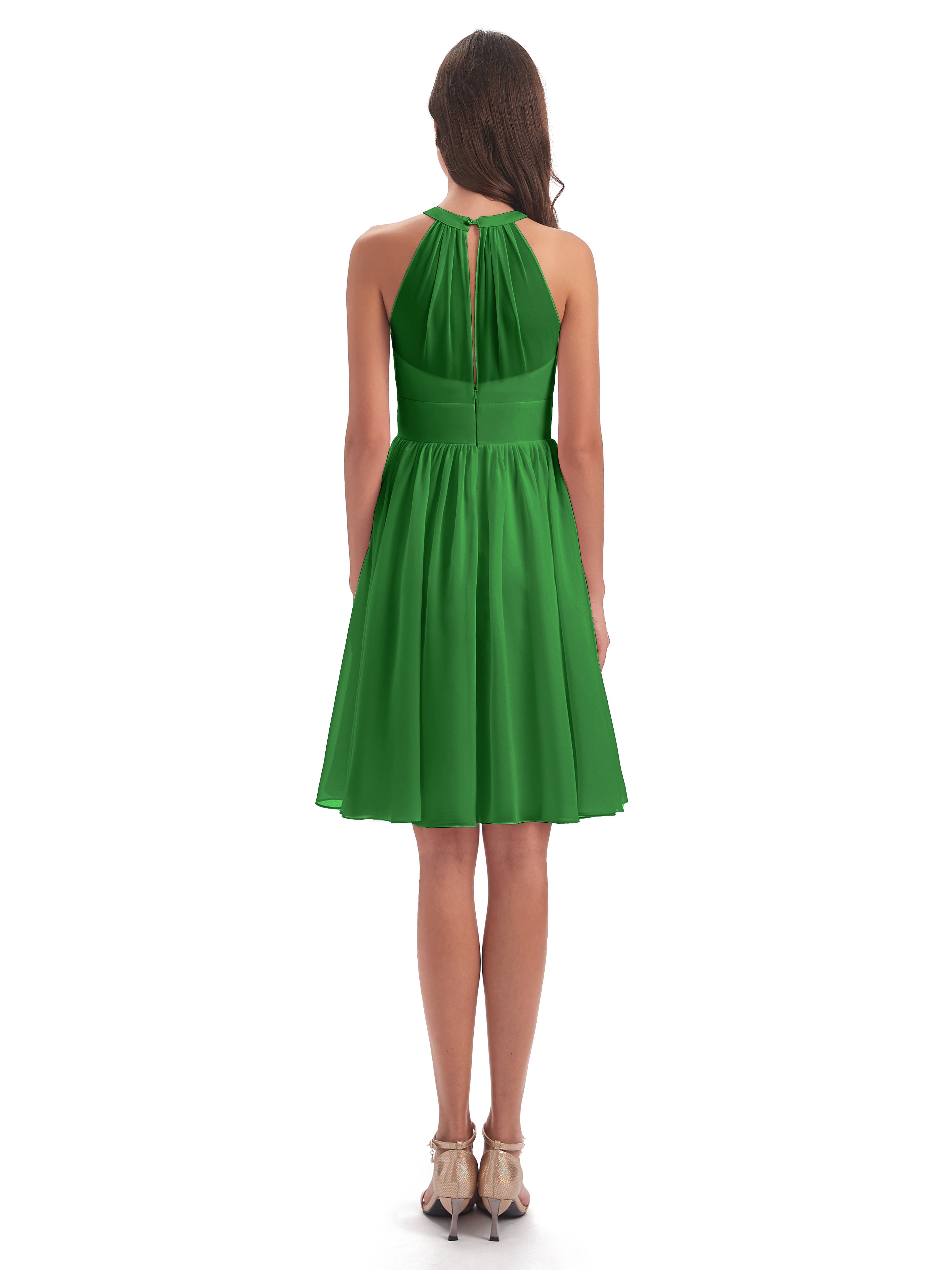 Robes De Demoiselle D'Honneur Vert Pin Trapèze Mini Licou Mousseline Courte Robes Demoiselle D'Honneur