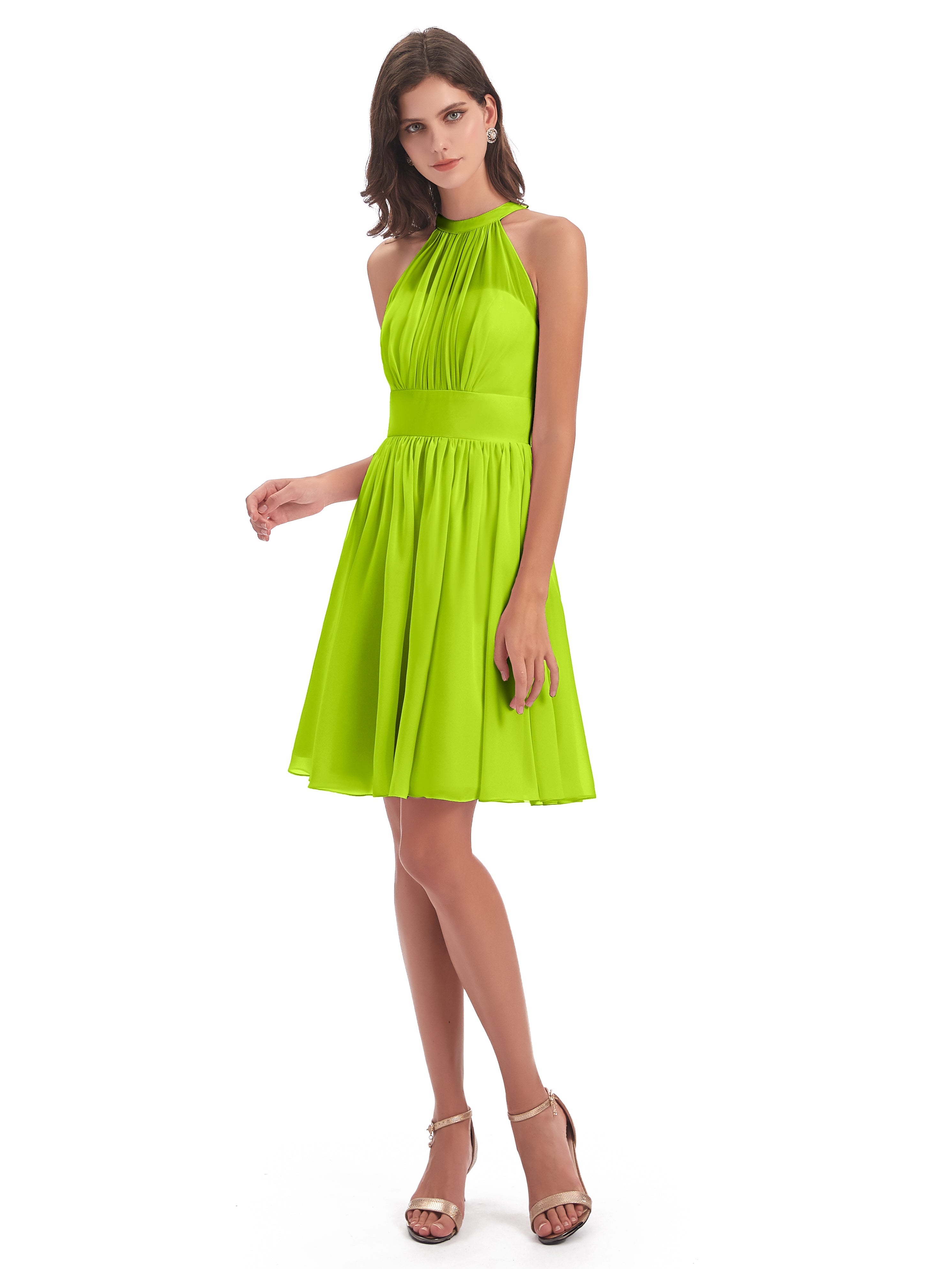 Robes De Demoiselle D'Honneur Vert Citron Trapèze Mini Licou Mousseline Courte Robes Demoiselle D'Honneur