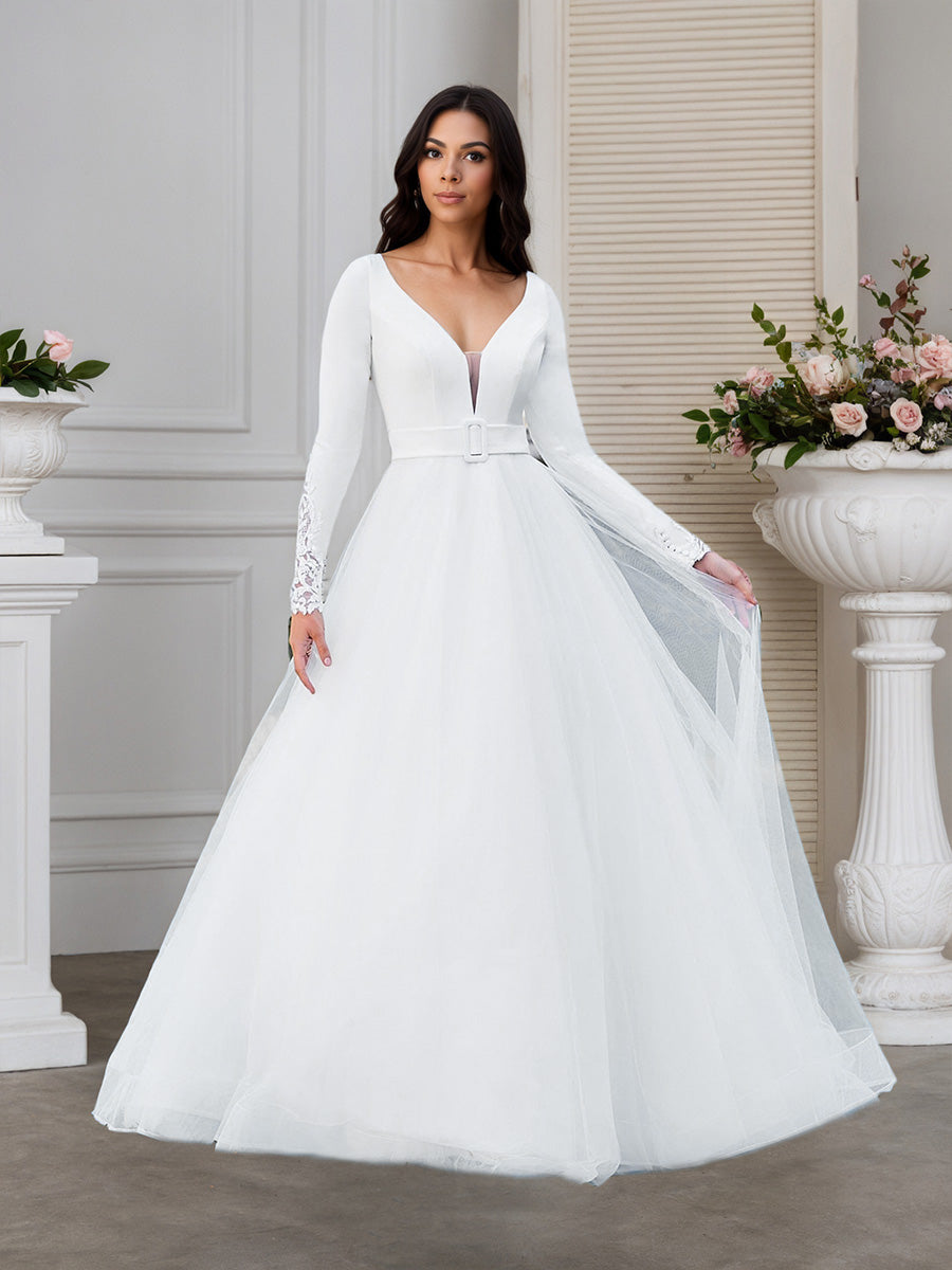 Cicinia Robe de Mariée A-Line en Tulle à Manches Longues Décolleté en V Plongeant Élégante