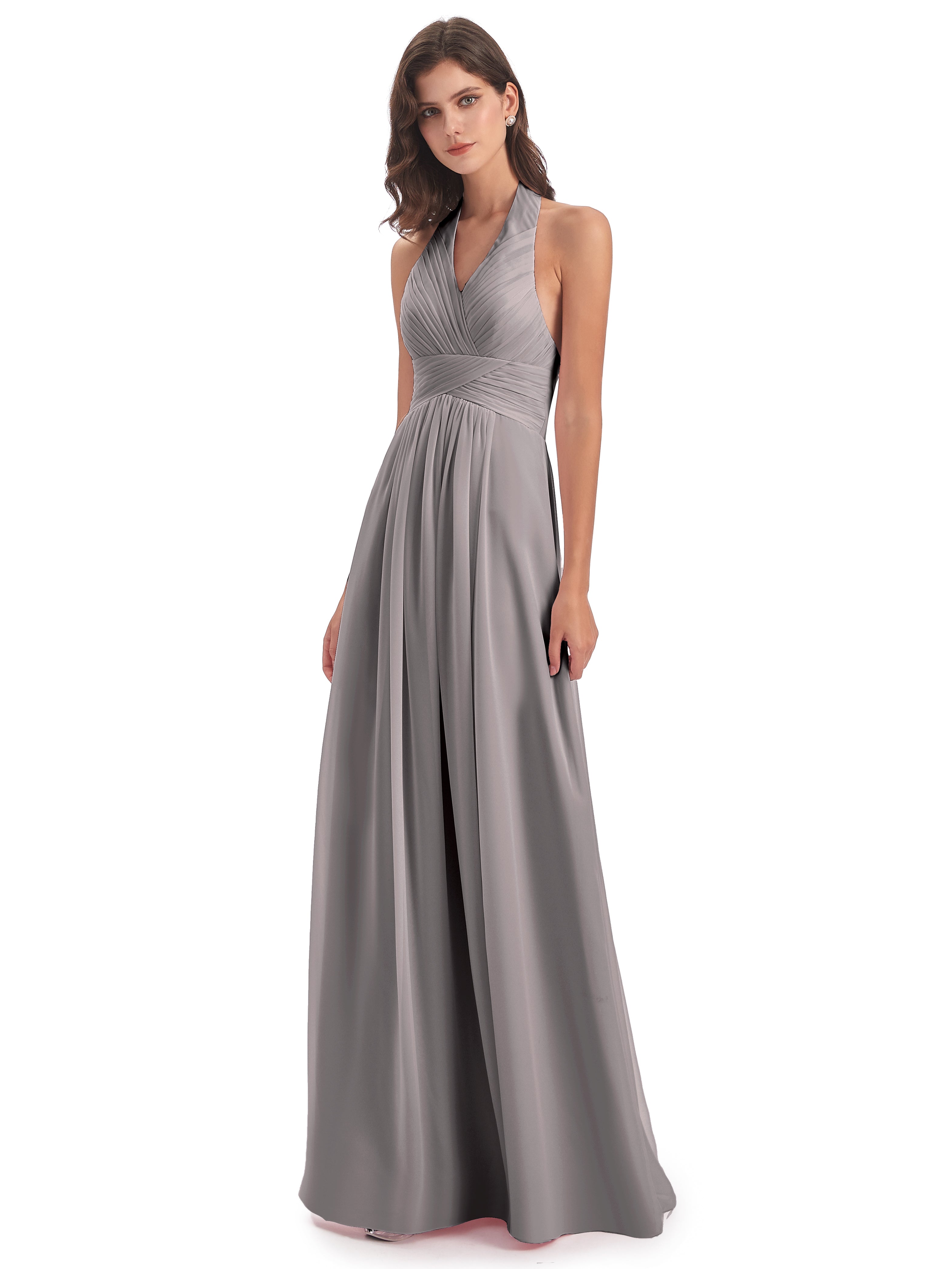 Robes De Demoiselle D'Honneur En Argent Camila Licou Dos Nu Plis Robes Demoiselle D'Honneur