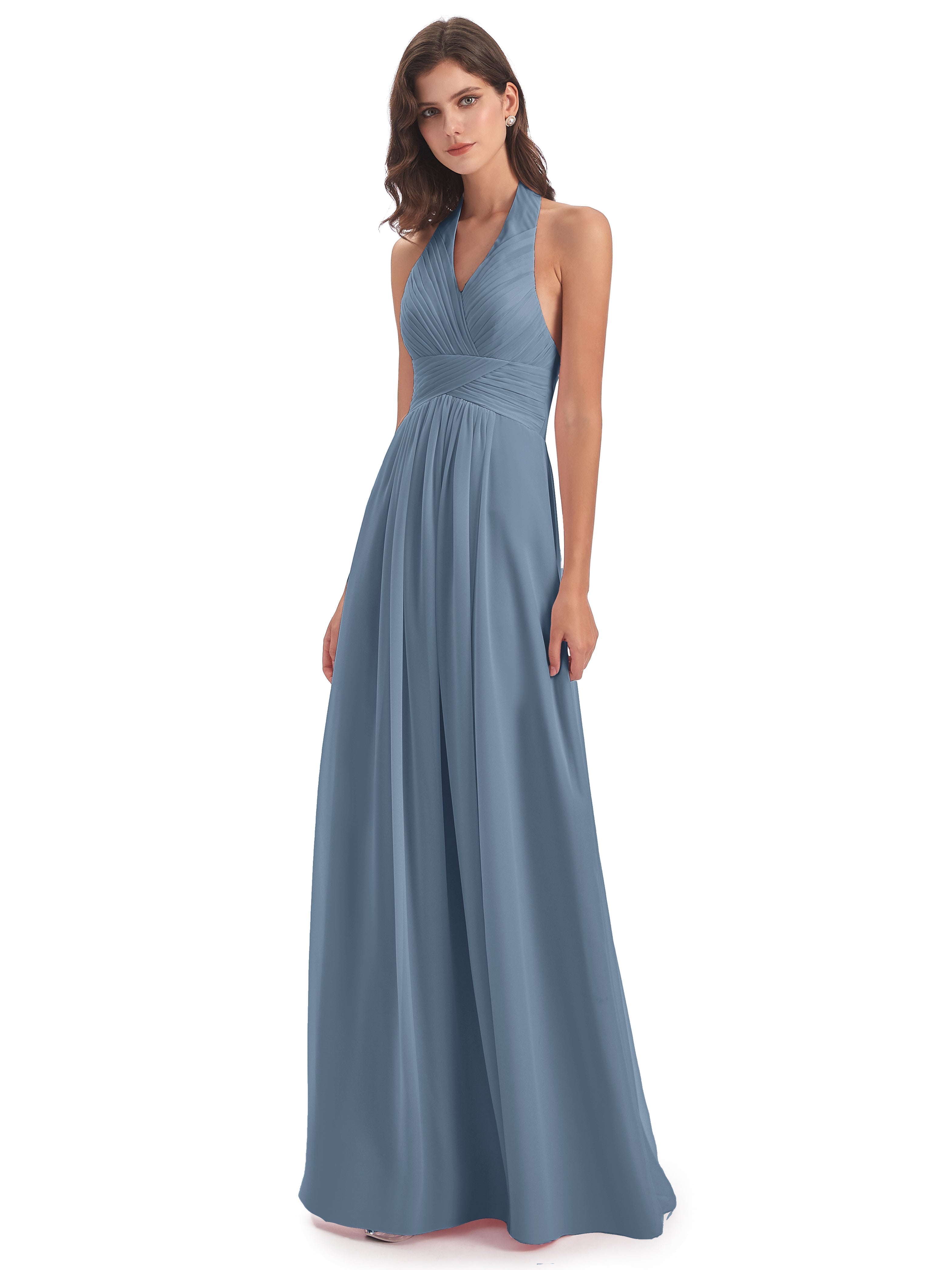 Robes De Demoiselle D'Honneur Bleu De Schiste Camila Licou Dos Nu Plis Robes Demoiselle D'Honneur