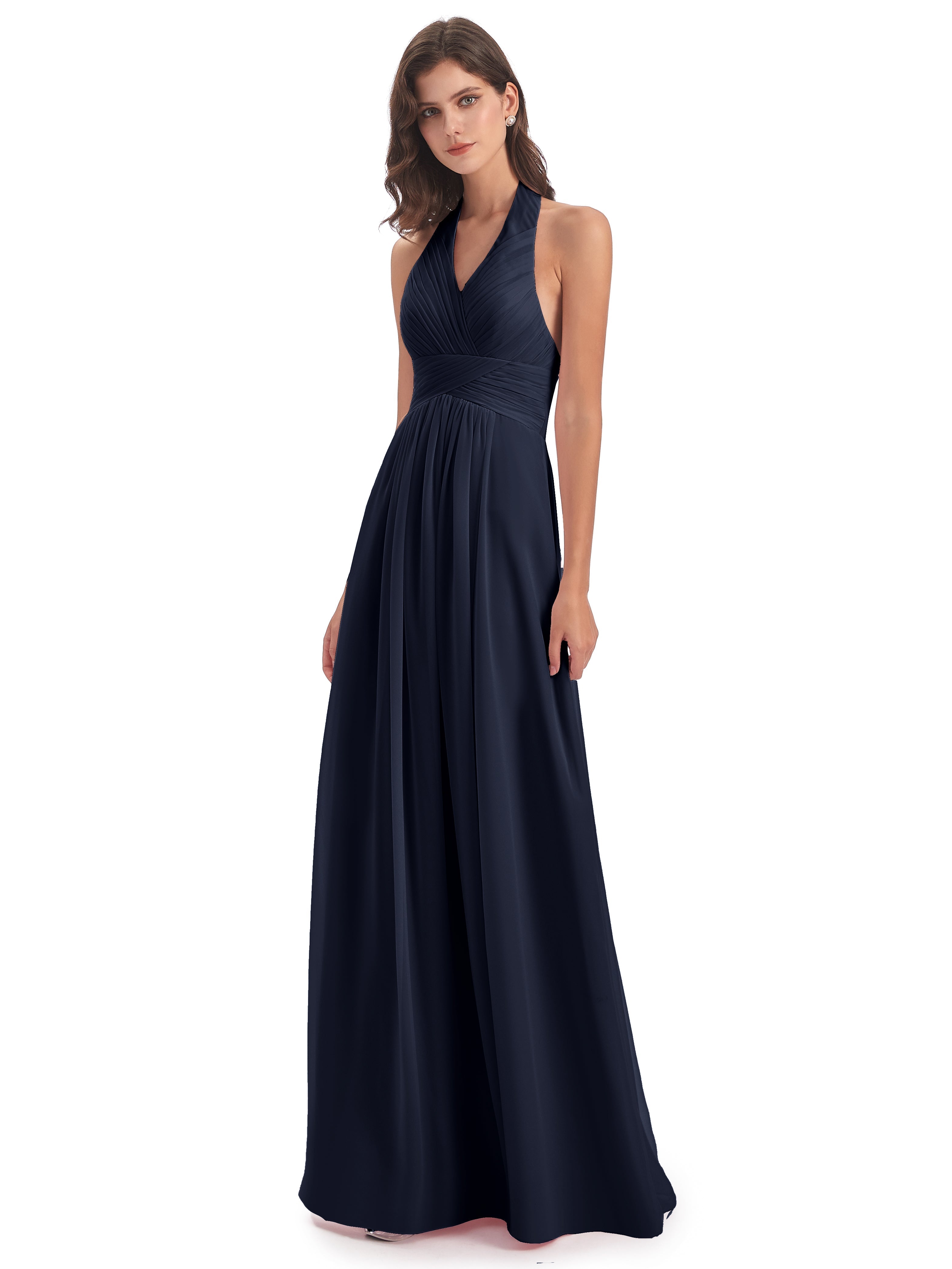 Robes De Demoiselle D'Honneur Bleu Marine Foncé Camila Licou Dos Nu Plis Robes Demoiselle D'Honneur