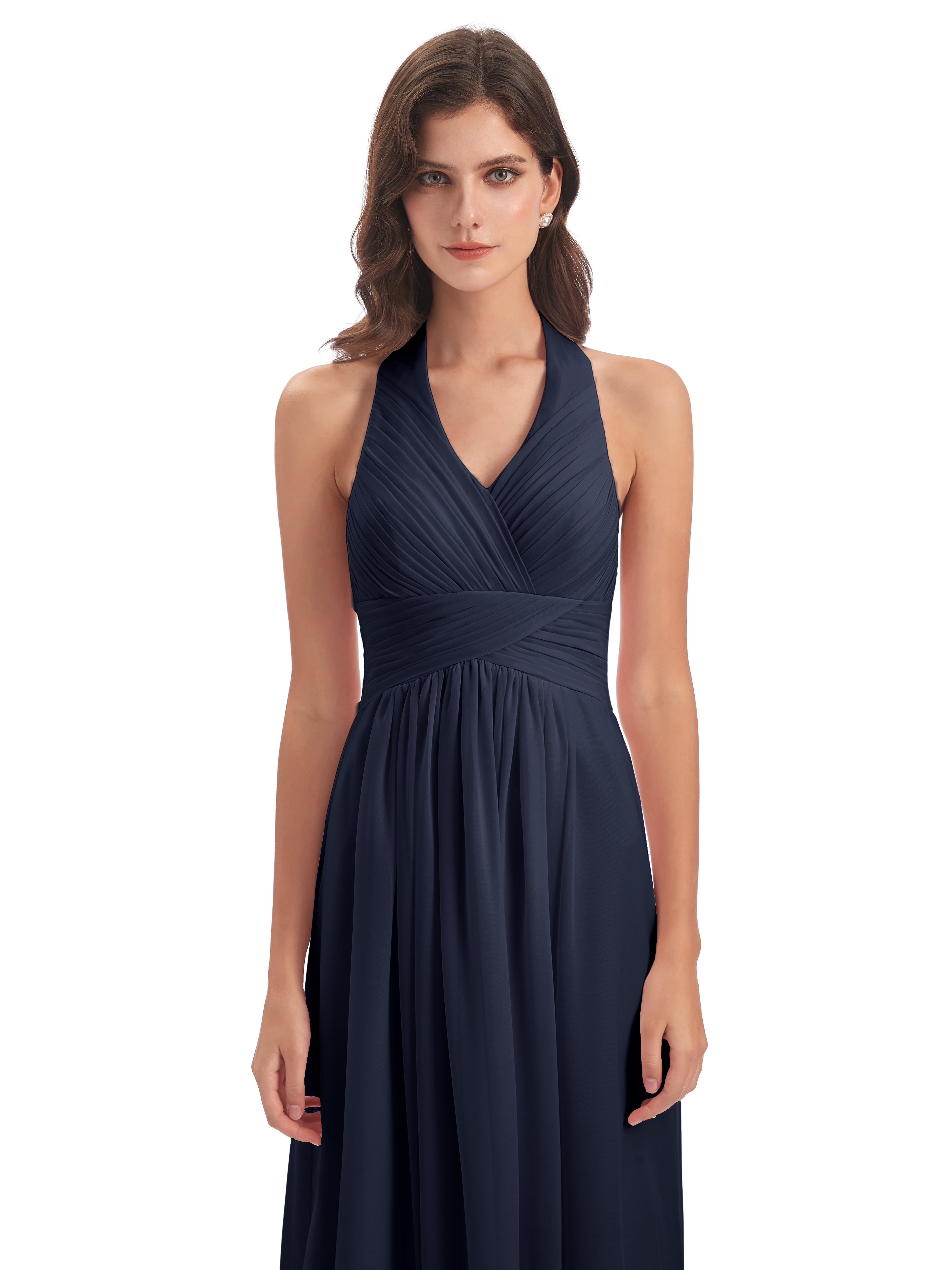 Robes De Demoiselle D'Honneur Bleu Marine Foncé Camila Licou Dos Nu Plis Robes Demoiselle D'Honneur