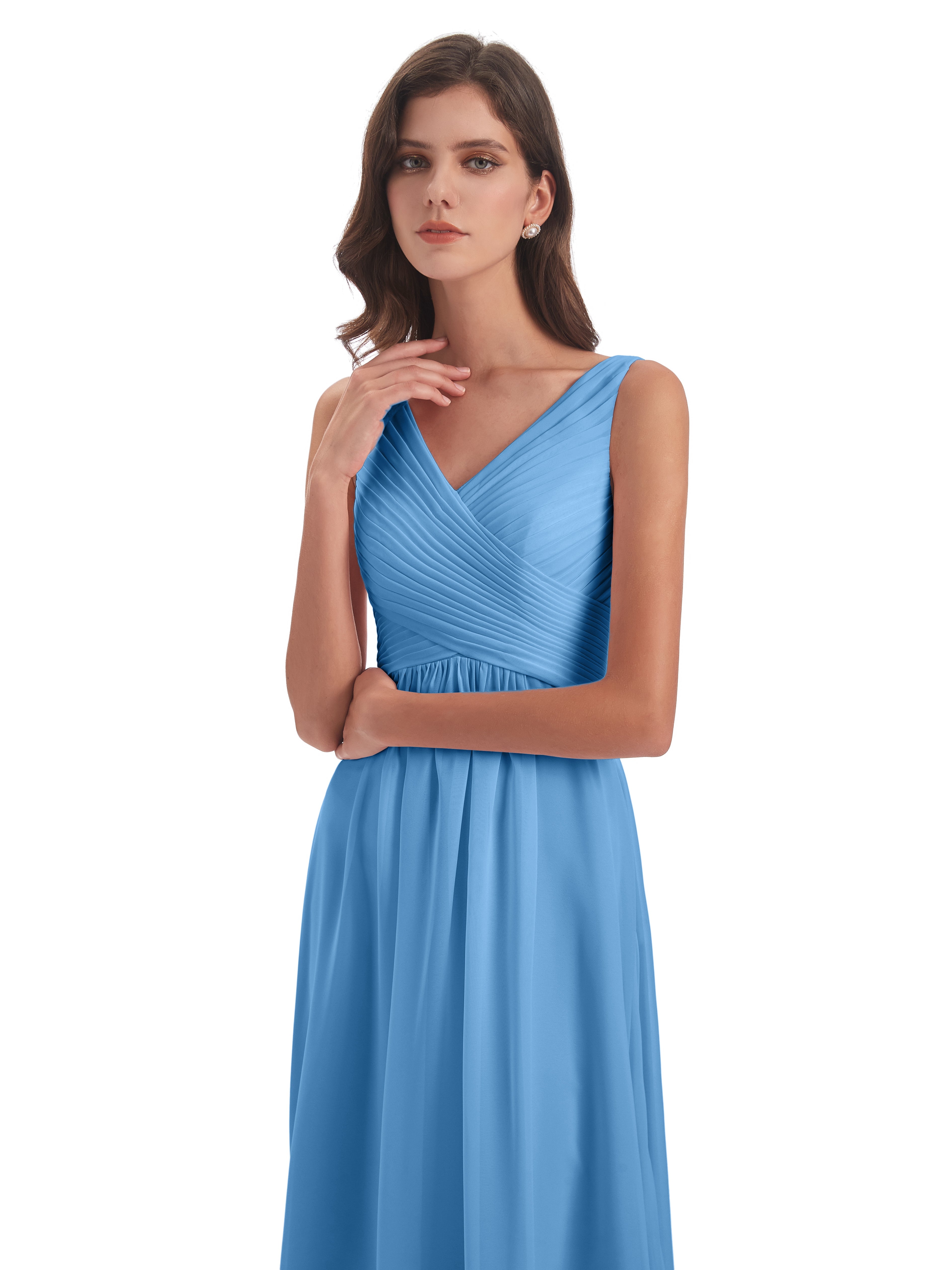Demoiselle D Honneur Robe Bleu Col V Bretelle Mousseline Robes Demoiselle D'Honneur