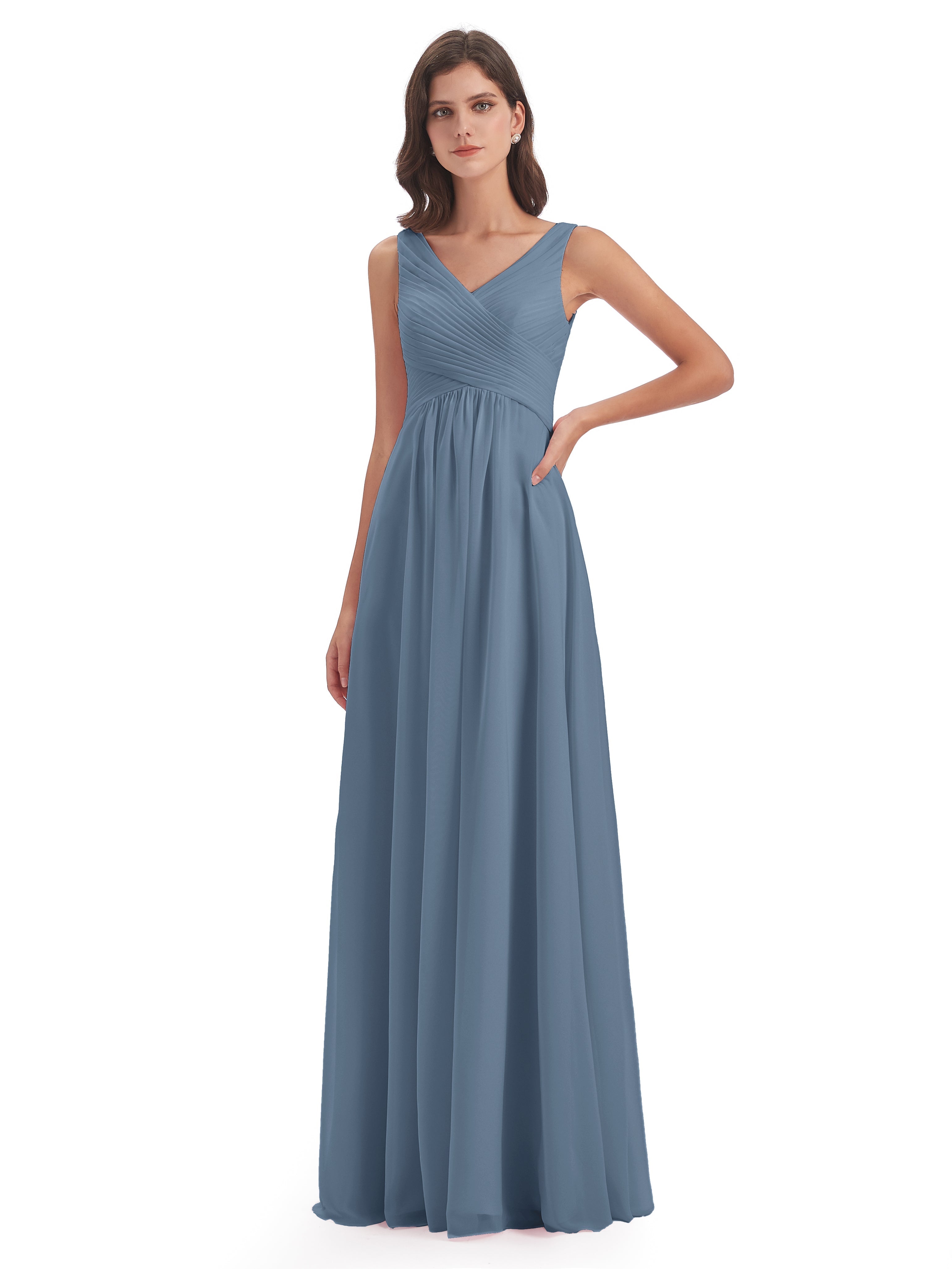 Robes De Demoiselle D'Honneur Bleu De Schiste Col V Bretelle Mousseline Robes Demoiselle D'Honneur